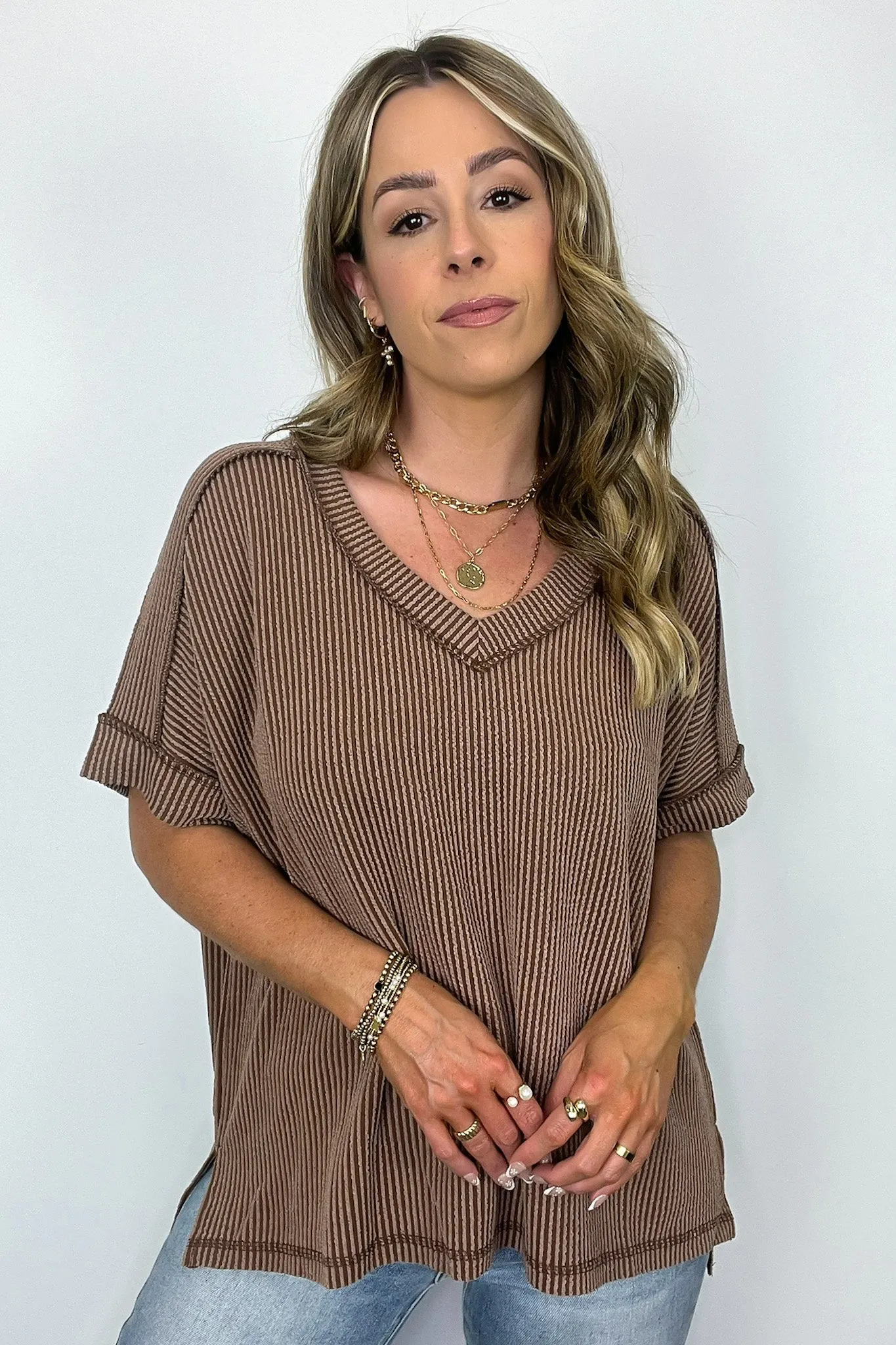 Cora Rib Knit High Low V-Neck Top - BACK IN STOCK