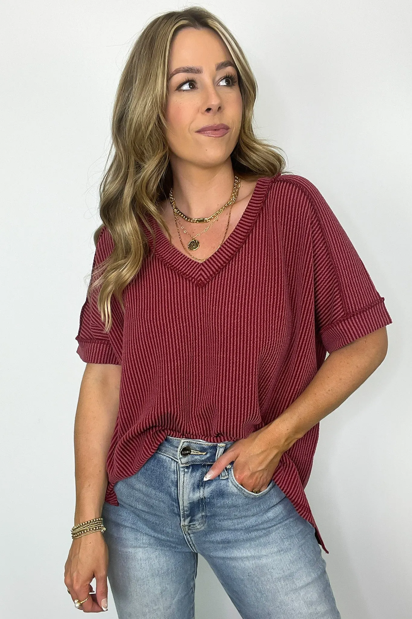Cora Rib Knit High Low V-Neck Top - BACK IN STOCK