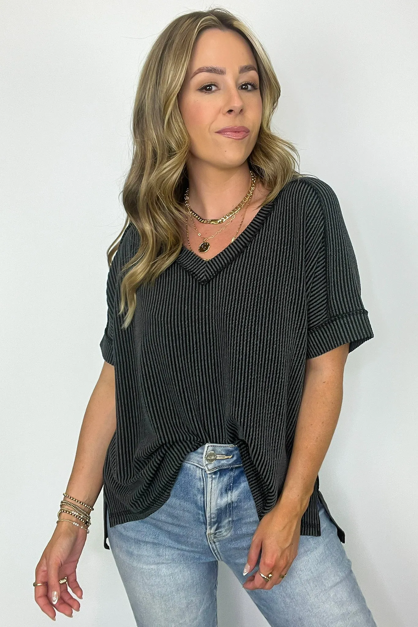 Cora Rib Knit High Low V-Neck Top - BACK IN STOCK