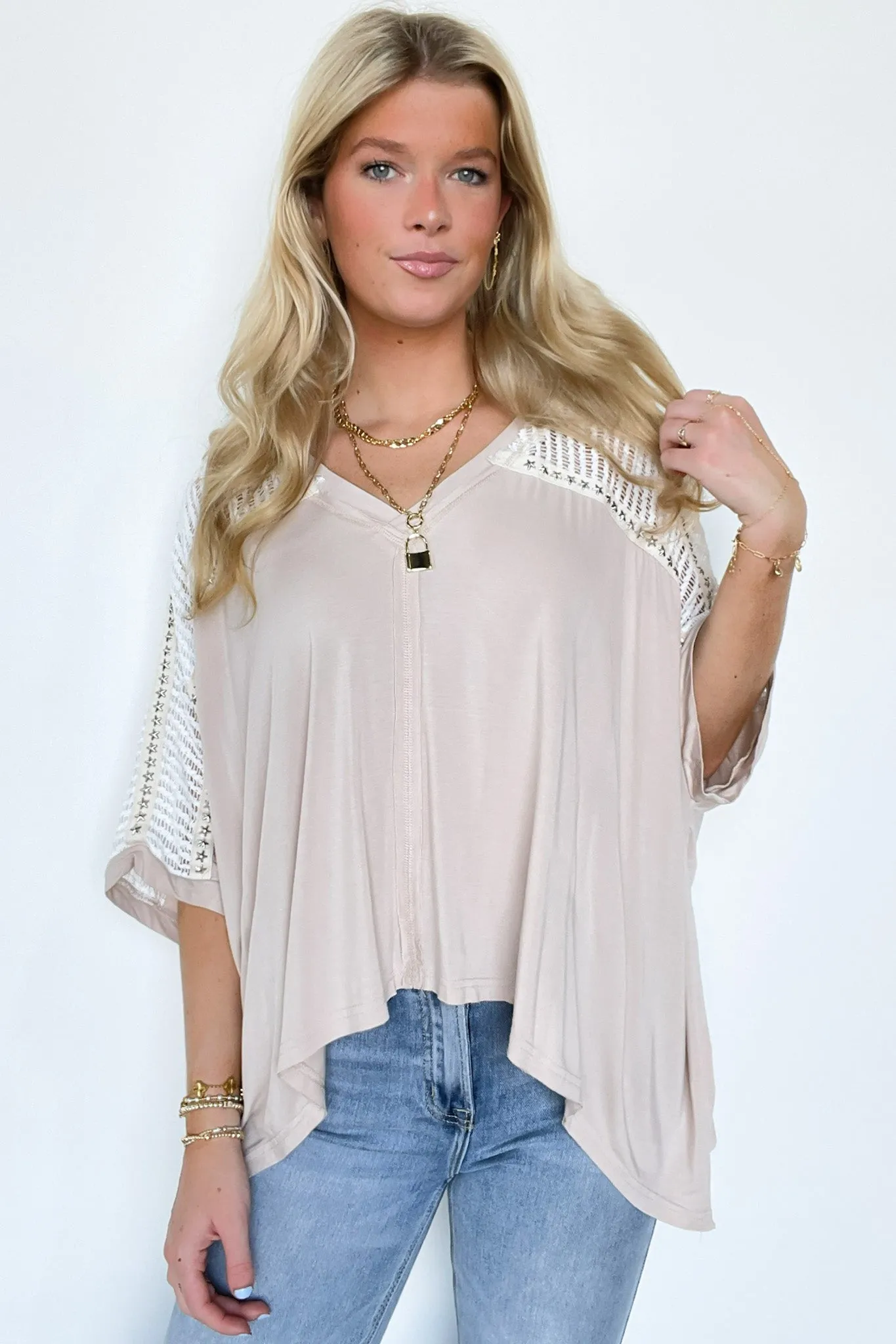 Cristina Oversized Crochet Lace Contrast Top - BACK IN STOCK