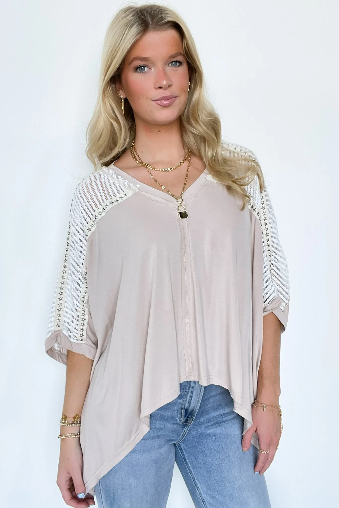 Cristina Oversized Crochet Lace Contrast Top - BACK IN STOCK
