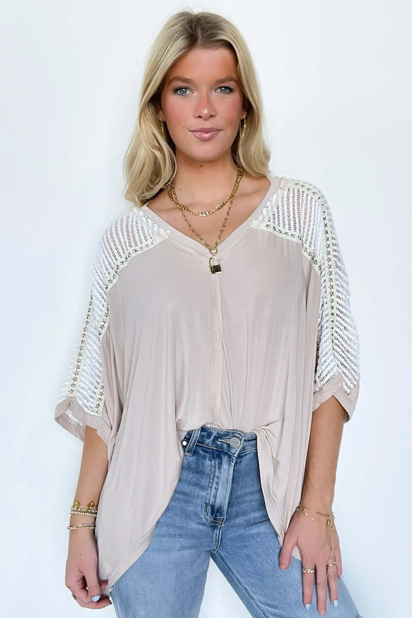 Cristina Oversized Crochet Lace Contrast Top - BACK IN STOCK