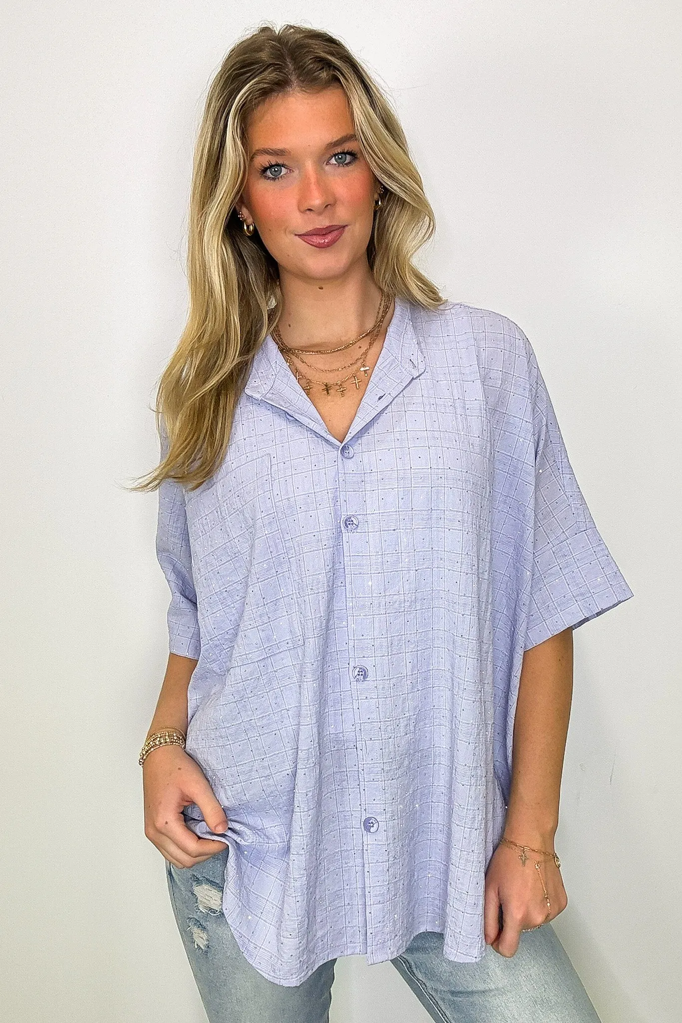 Crowd Pleaser Rhinestone Embellished Button Down Top