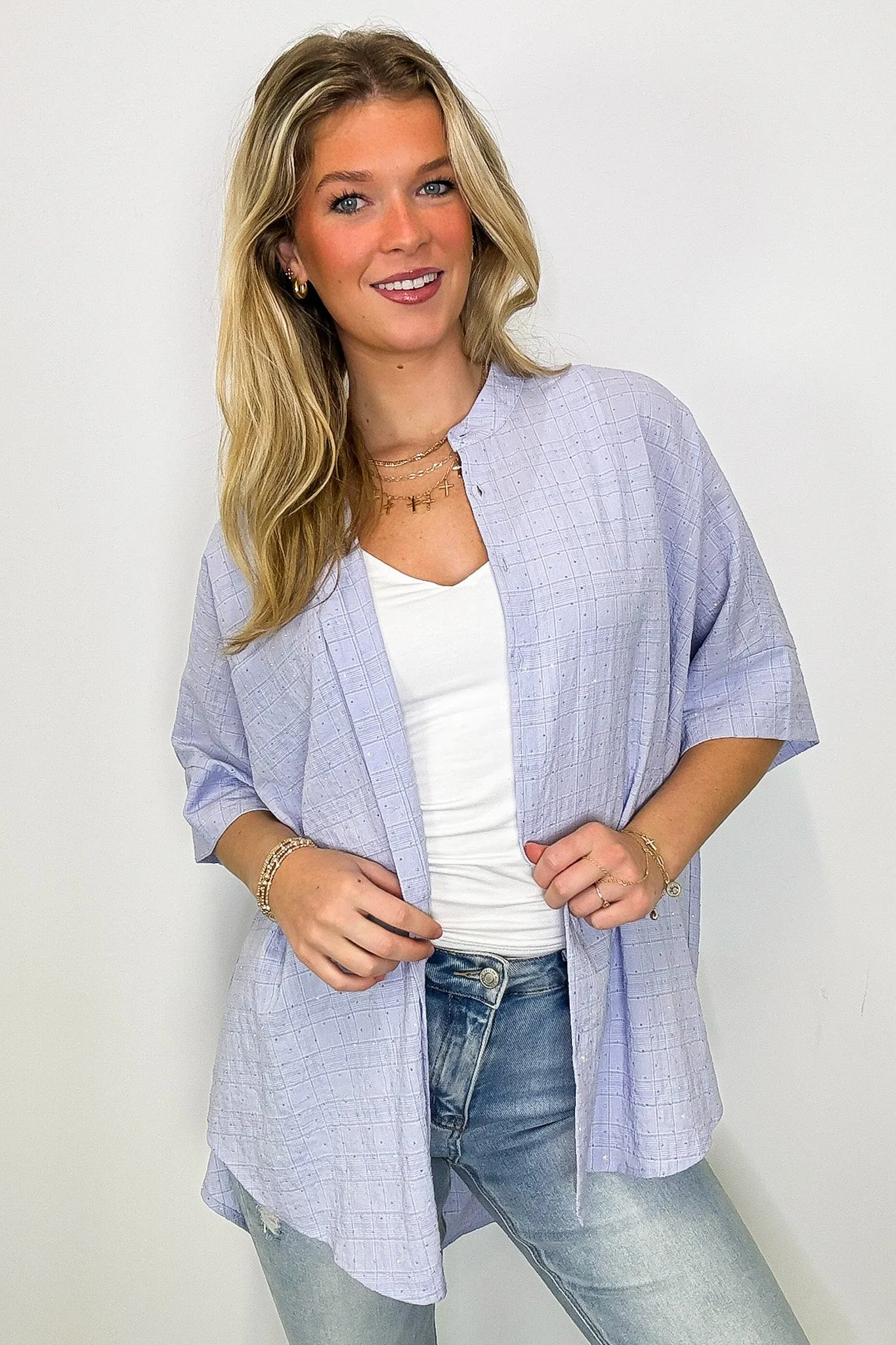 Crowd Pleaser Rhinestone Embellished Button Down Top