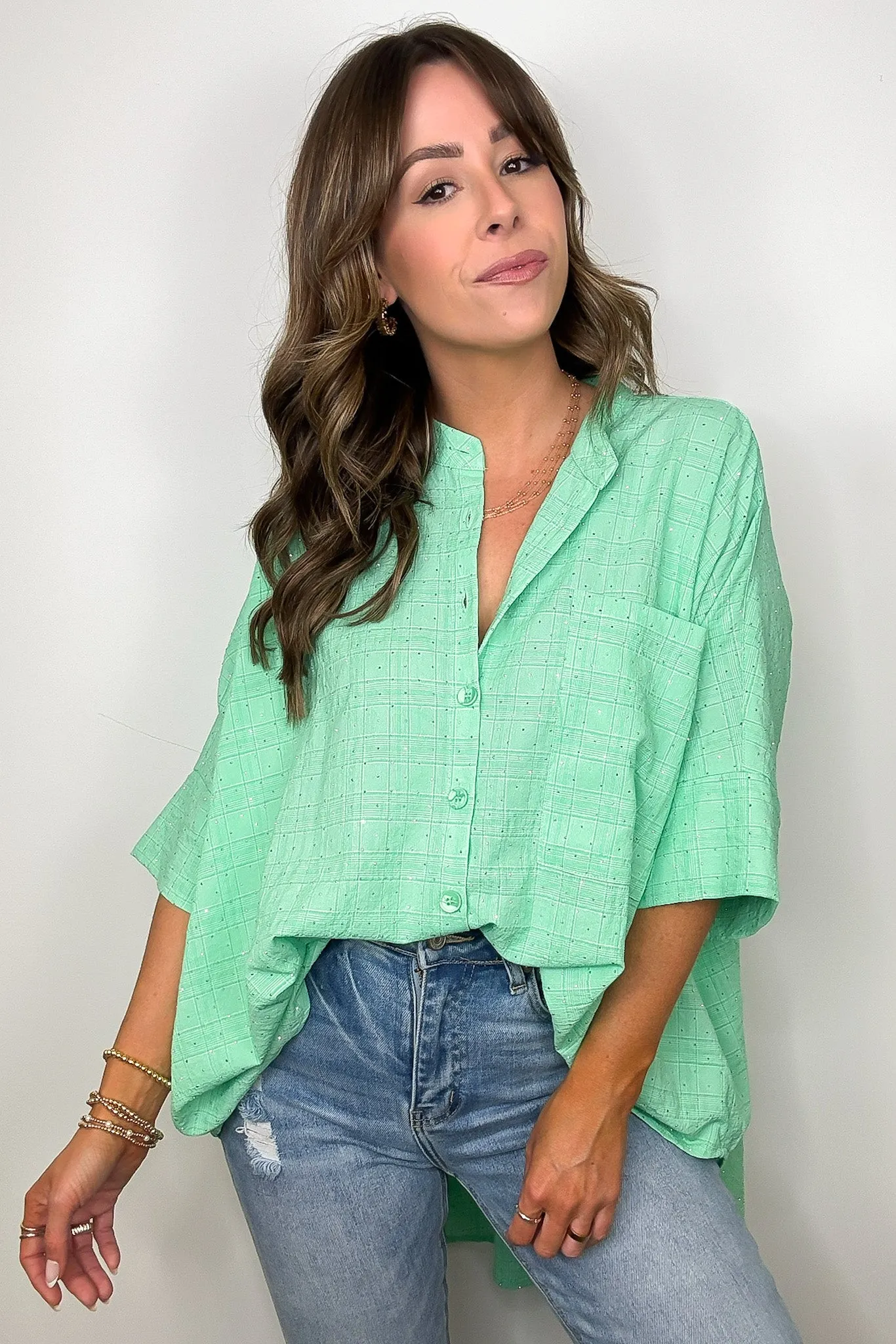 Crowd Pleaser Rhinestone Embellished Button Down Top