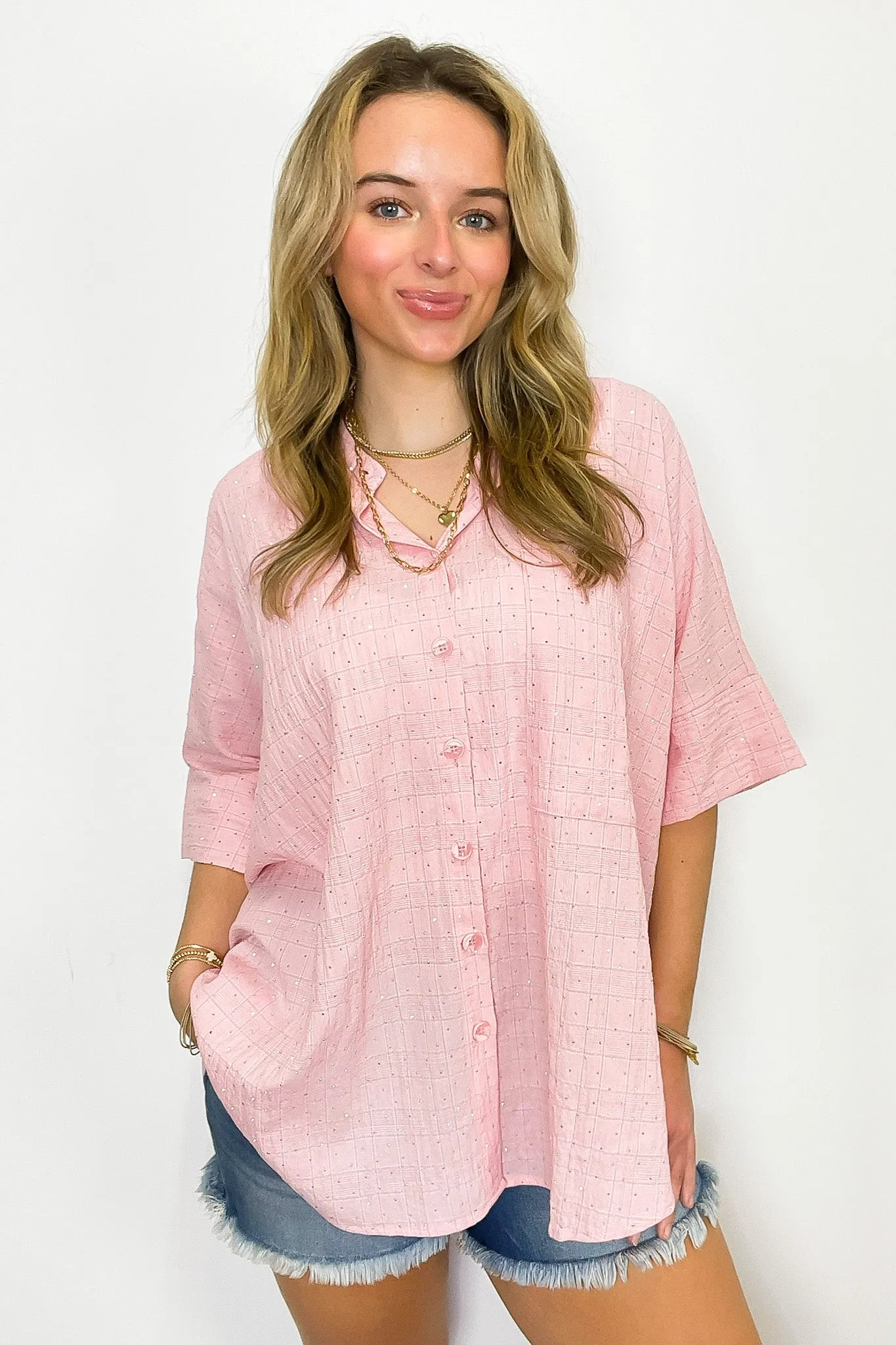 Crowd Pleaser Rhinestone Embellished Button Down Top