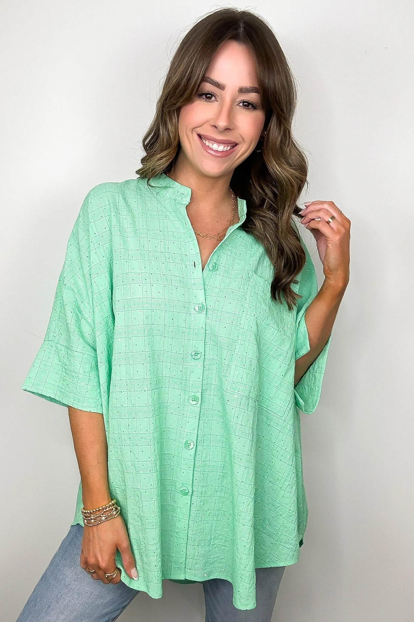 Crowd Pleaser Rhinestone Embellished Button Down Top