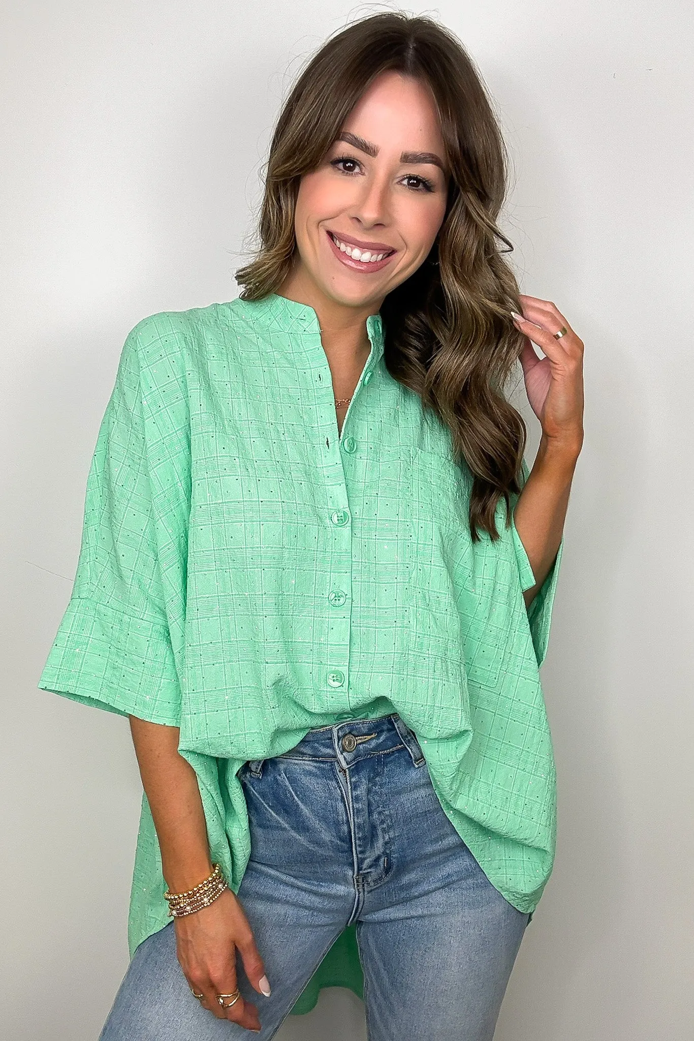 Crowd Pleaser Rhinestone Embellished Button Down Top
