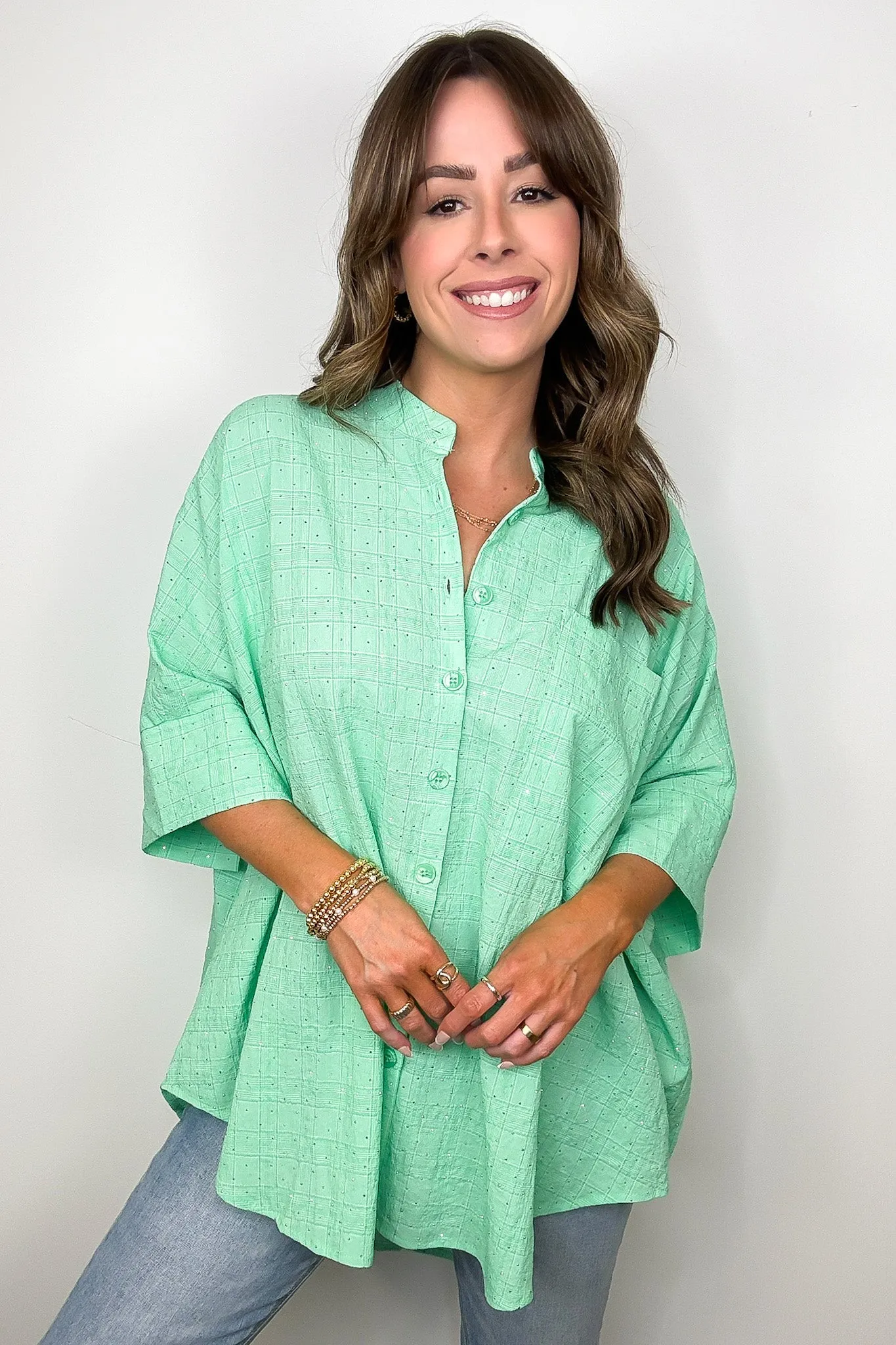 Crowd Pleaser Rhinestone Embellished Button Down Top