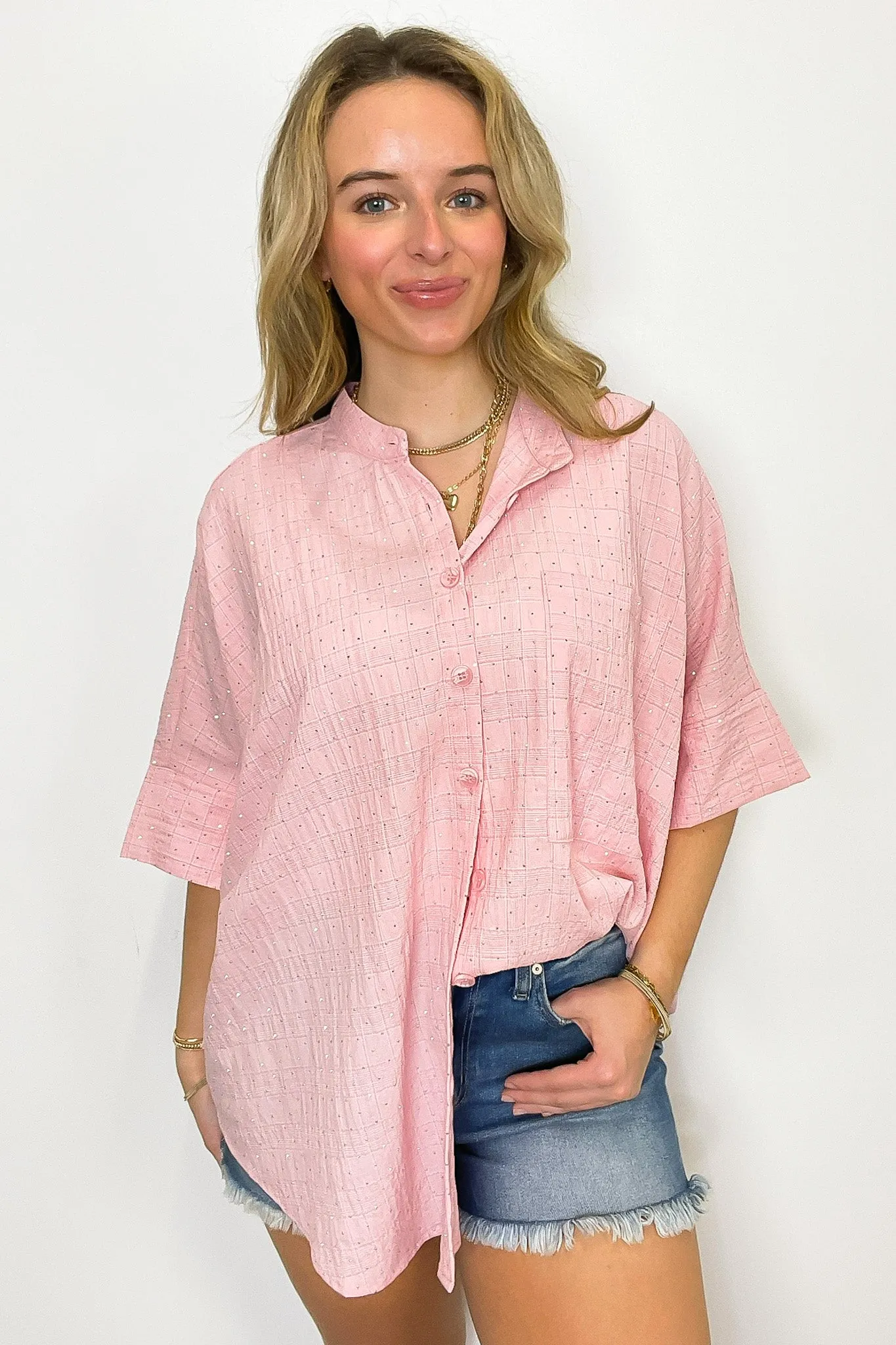 Crowd Pleaser Rhinestone Embellished Button Down Top