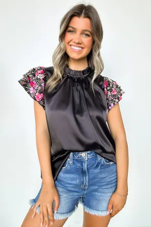 Delightful Direction Floral Sleeve Satin Top - FINAL SALE