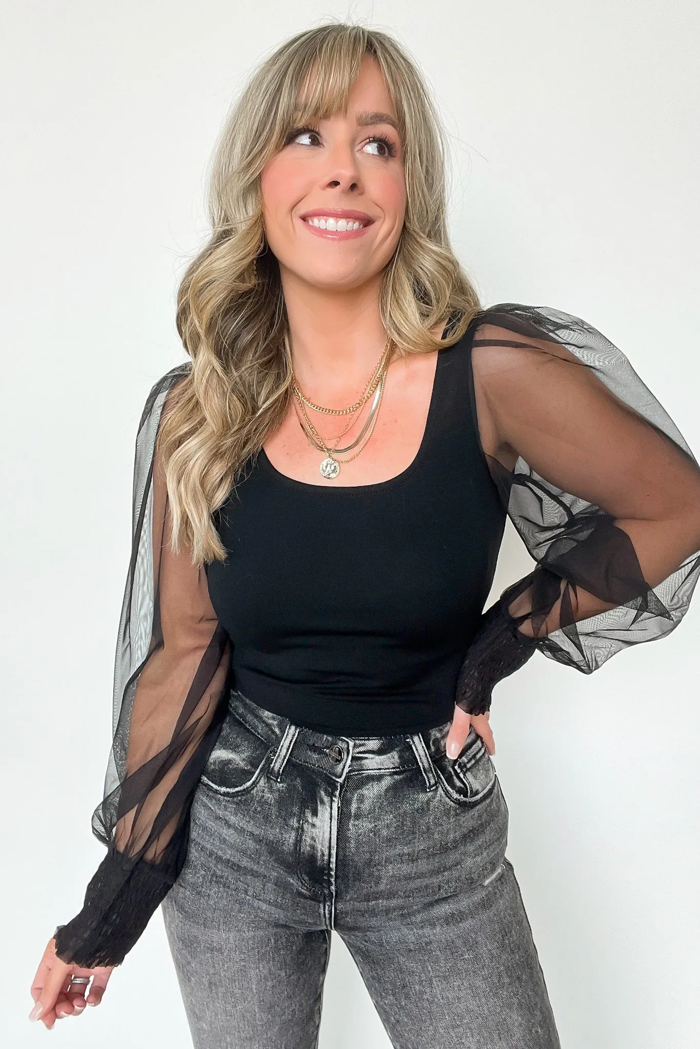 Divinely Dreamy Square Neck Mesh Puff Sleeve Top - FINAL SALE