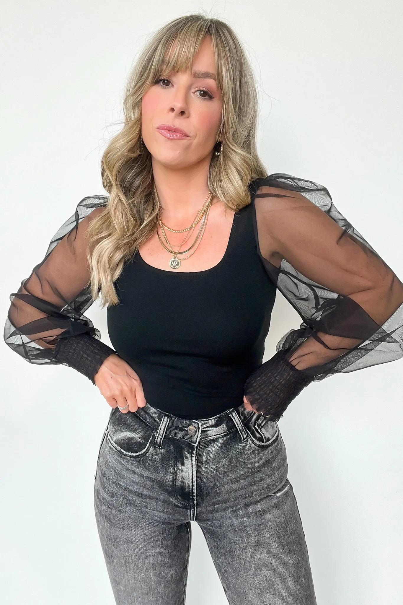 Divinely Dreamy Square Neck Mesh Puff Sleeve Top - FINAL SALE