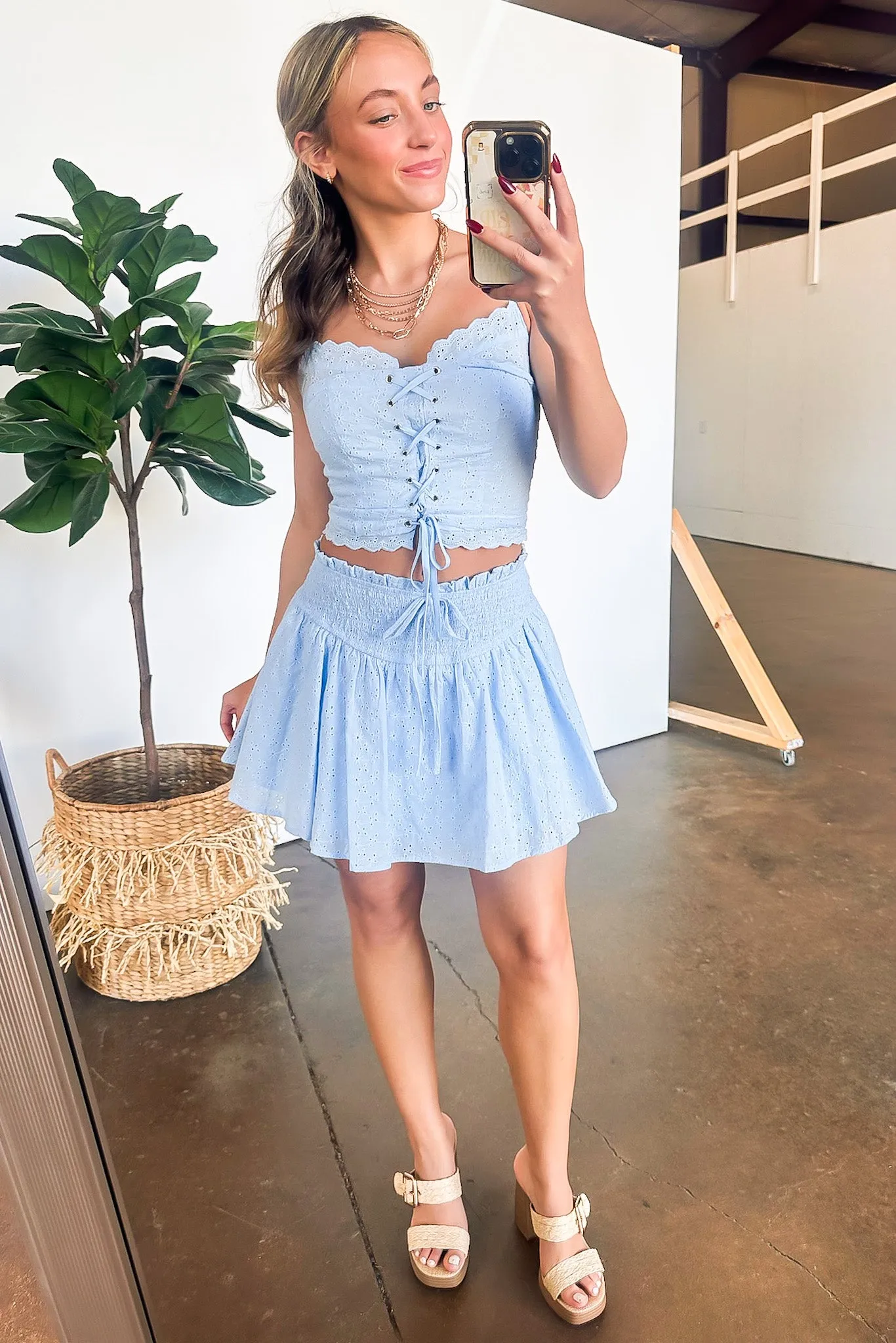 Dreamy Impression Eyelet Smocked Skirt