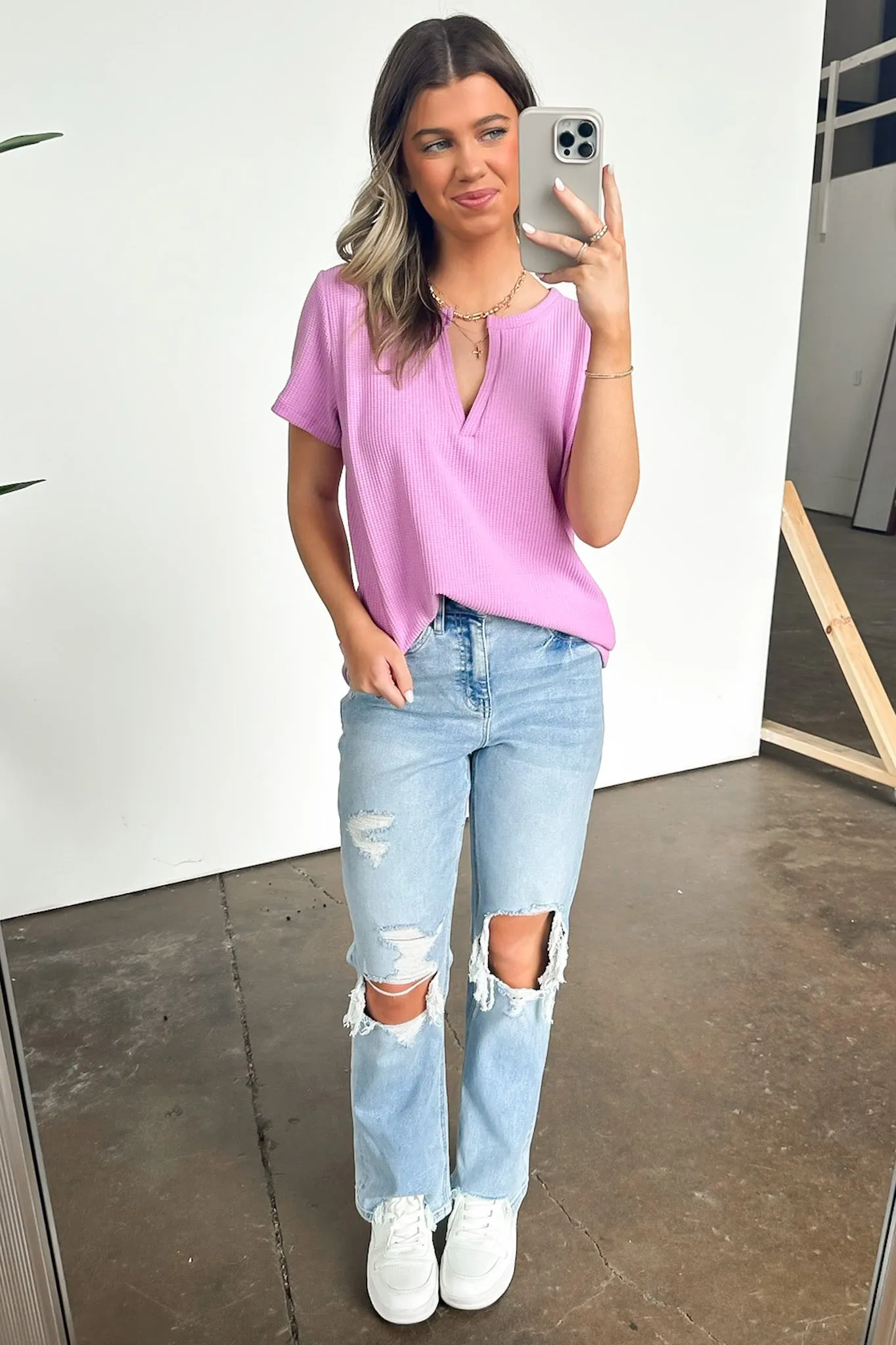 Ellie Waffle Knit V-Neck Top - BACK IN STOCK