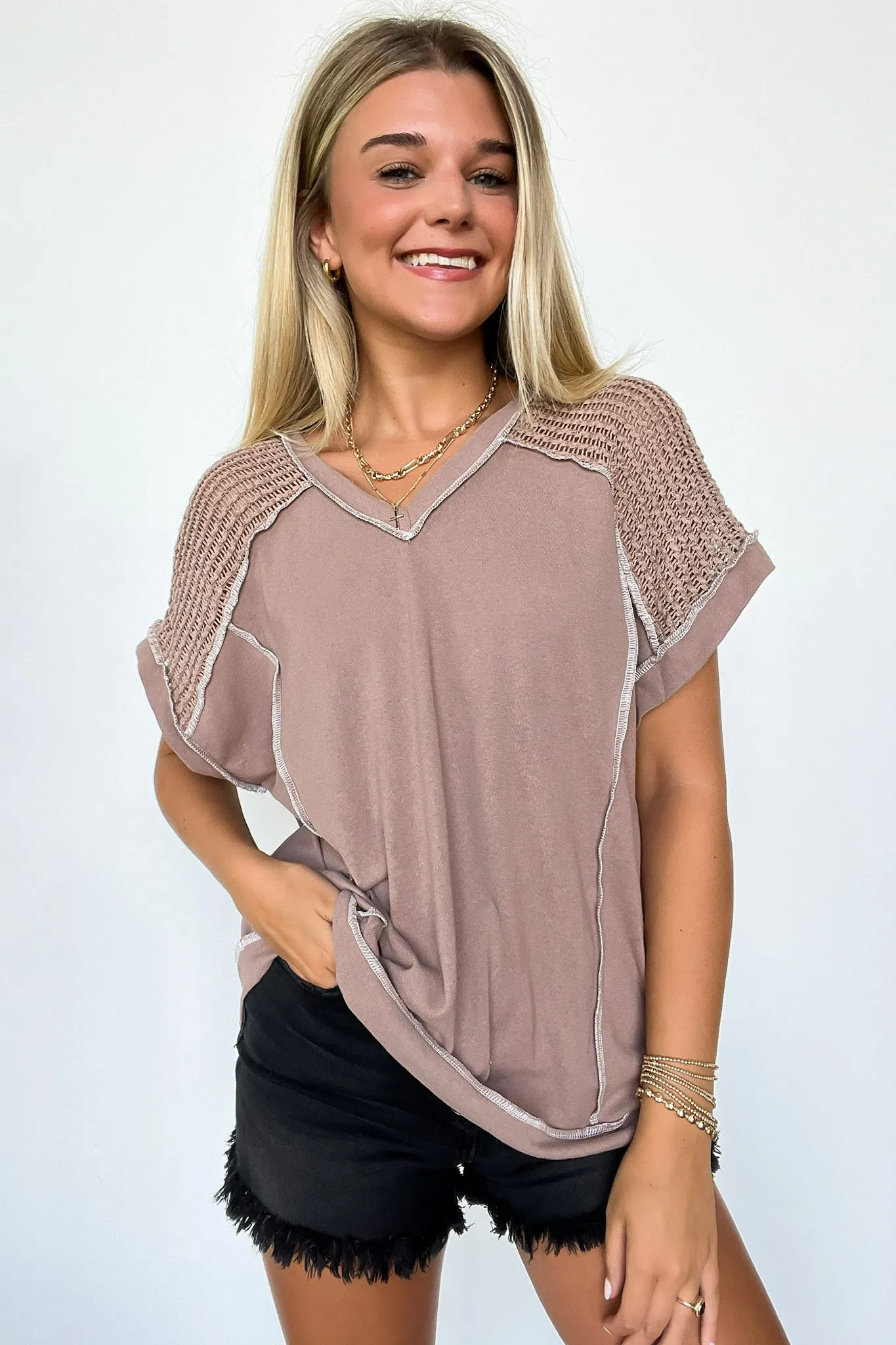 Elysia V-Neck Raw Edge Crochet Top - FINAL SALE