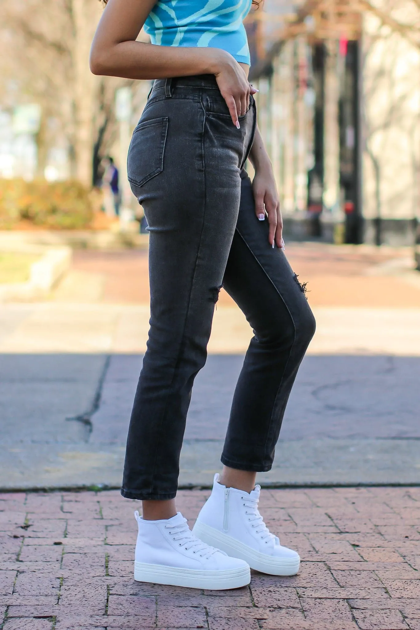 Estiana Dream High Rise Stretch Distressed Mom Jeans - FINAL SALE