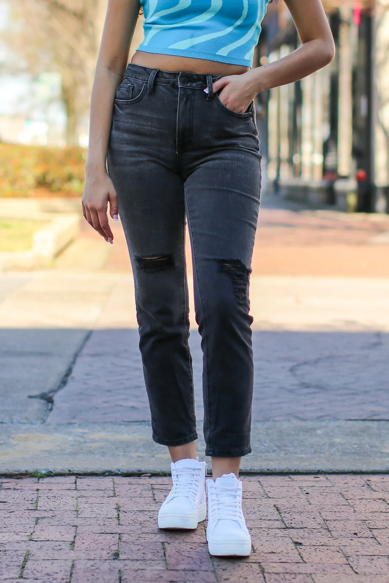 Estiana Dream High Rise Stretch Distressed Mom Jeans - FINAL SALE