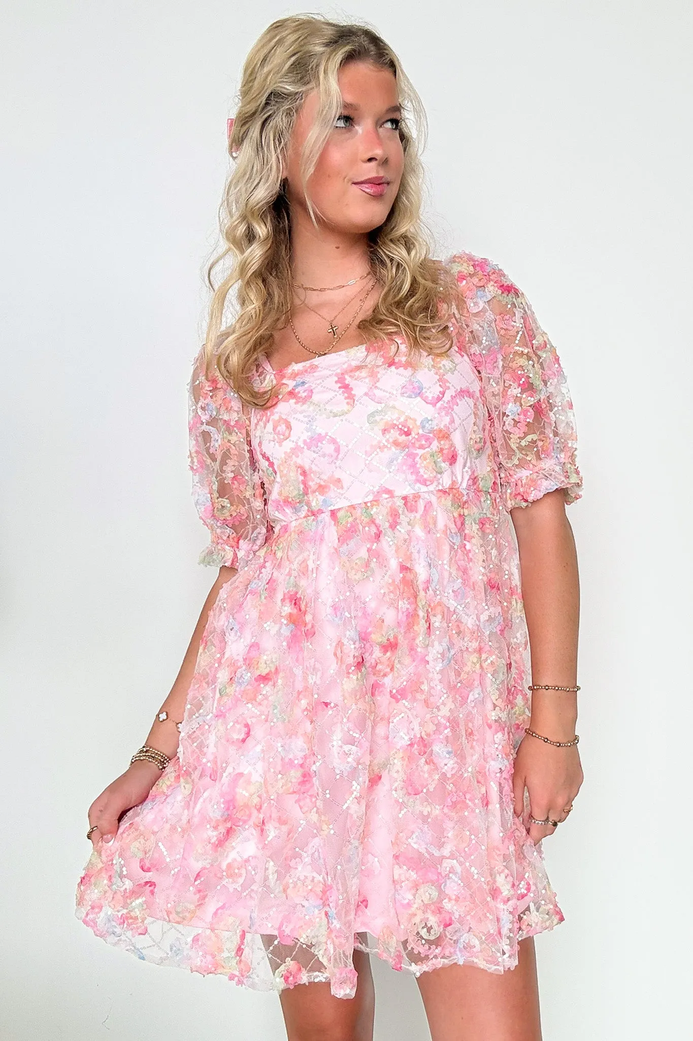 Euphoric Eloquence Multi Color Lace Puff Sleeve Dress - FINAL SALE