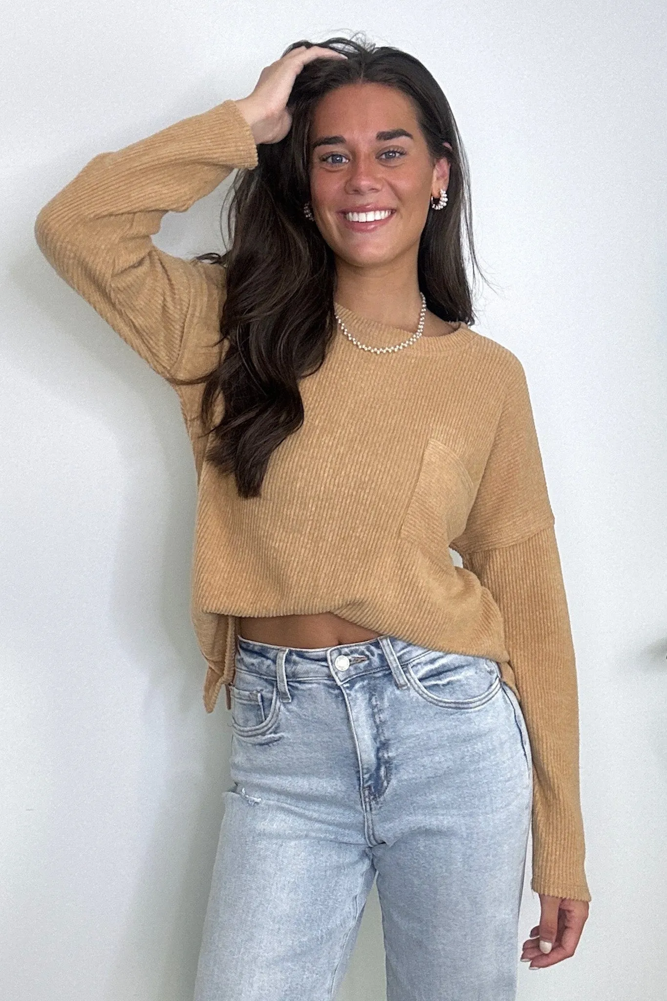 Evangelia Ribbed Brushed Knit Pocket Top - BACK IN STOCK