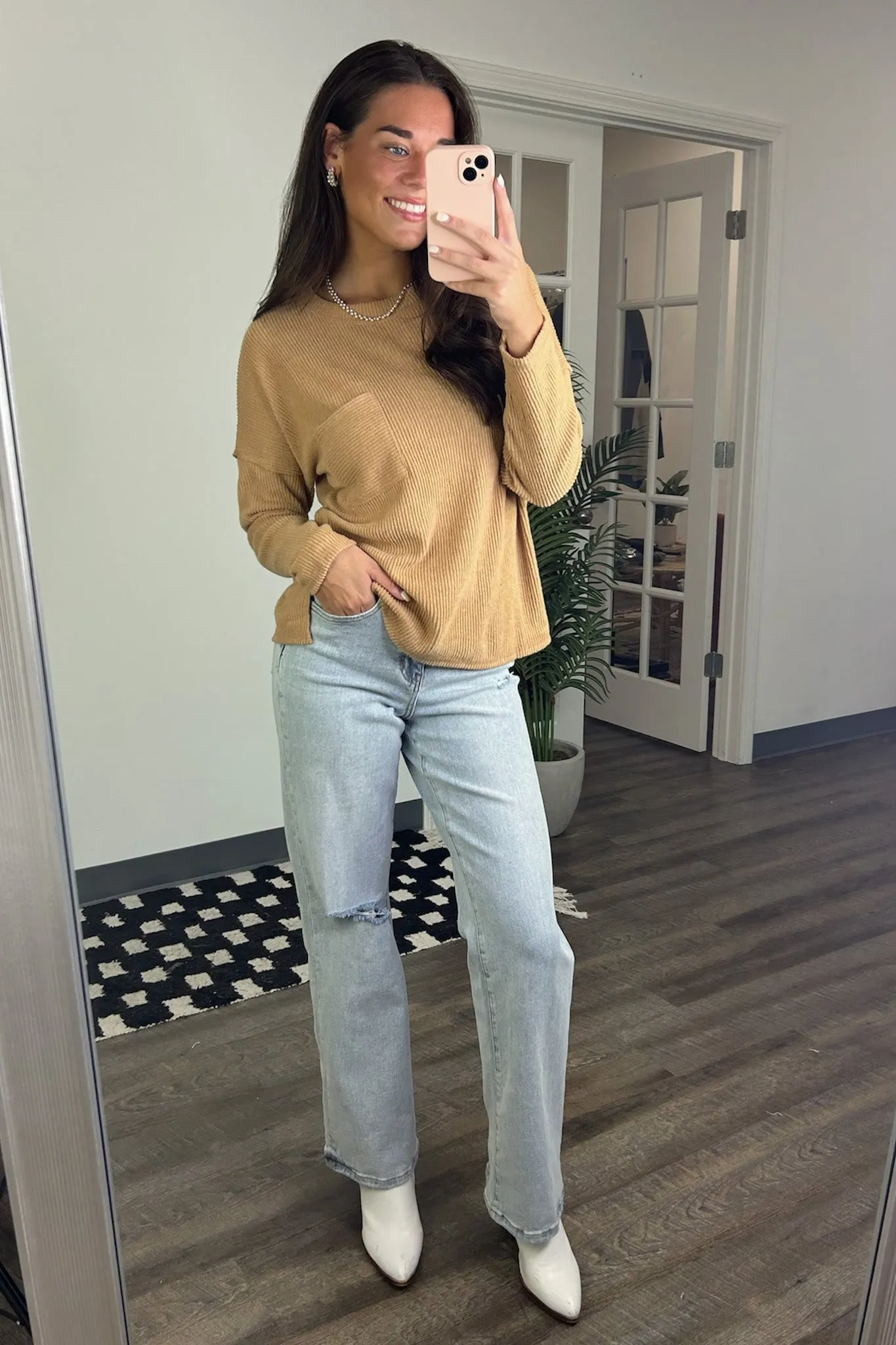 Evangelia Ribbed Brushed Knit Pocket Top - BACK IN STOCK