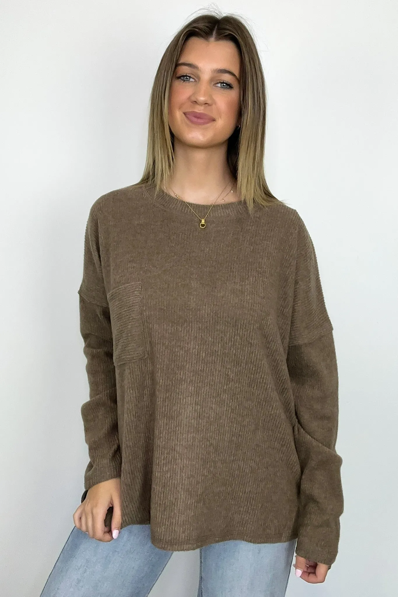 Evangelia Ribbed Brushed Knit Pocket Top - BACK IN STOCK