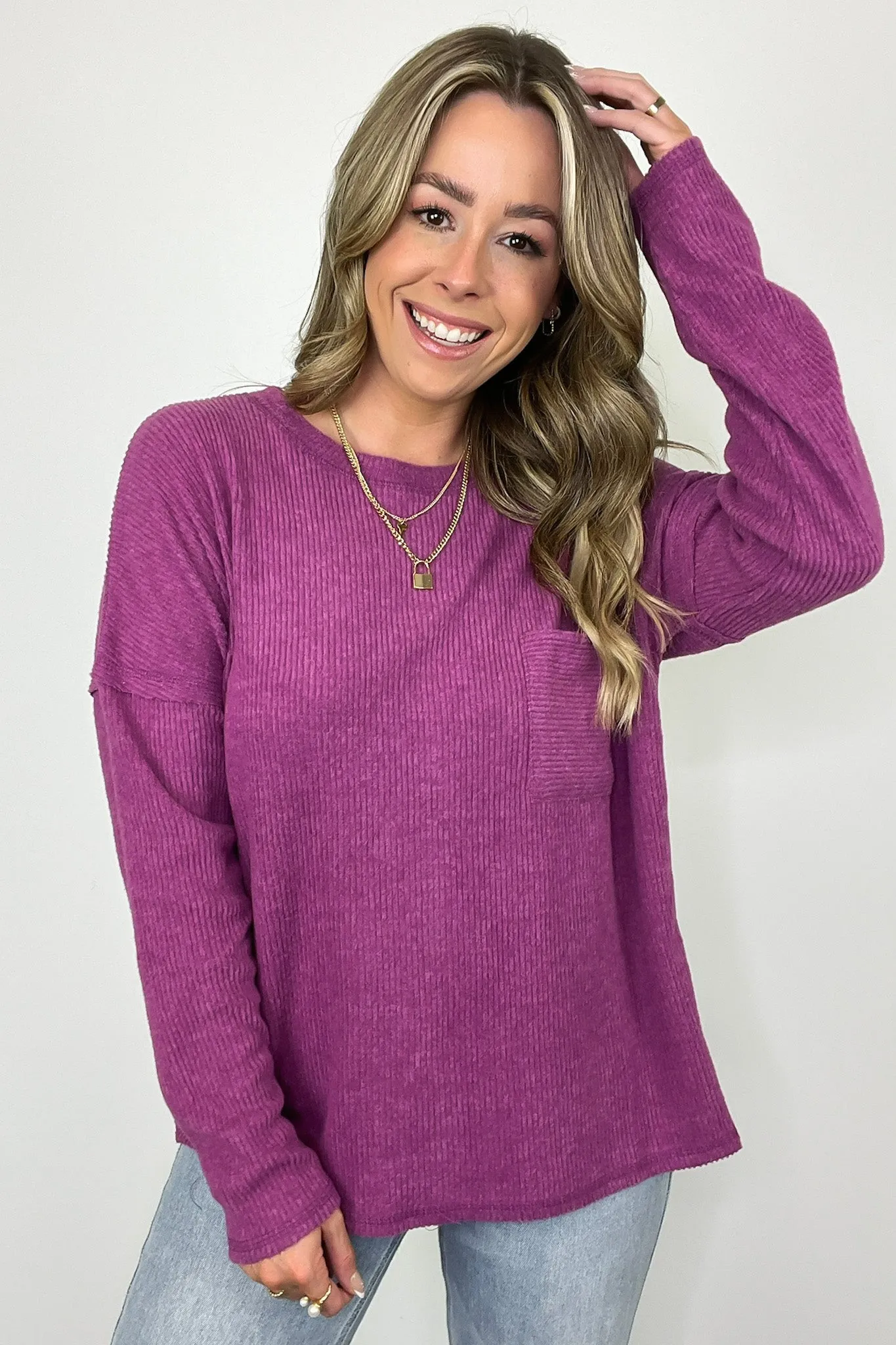 Evangelia Ribbed Brushed Knit Pocket Top - BACK IN STOCK