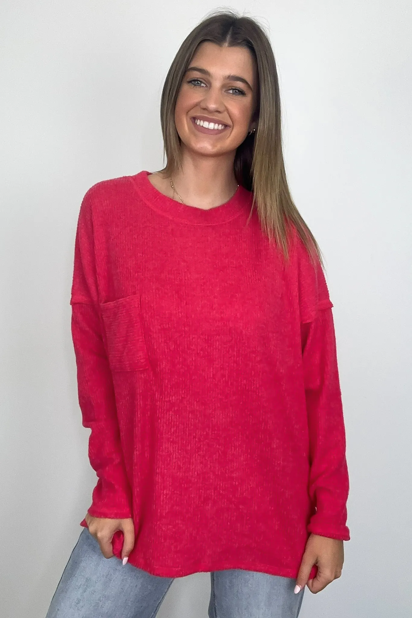 Evangelia Ribbed Brushed Knit Pocket Top - BACK IN STOCK
