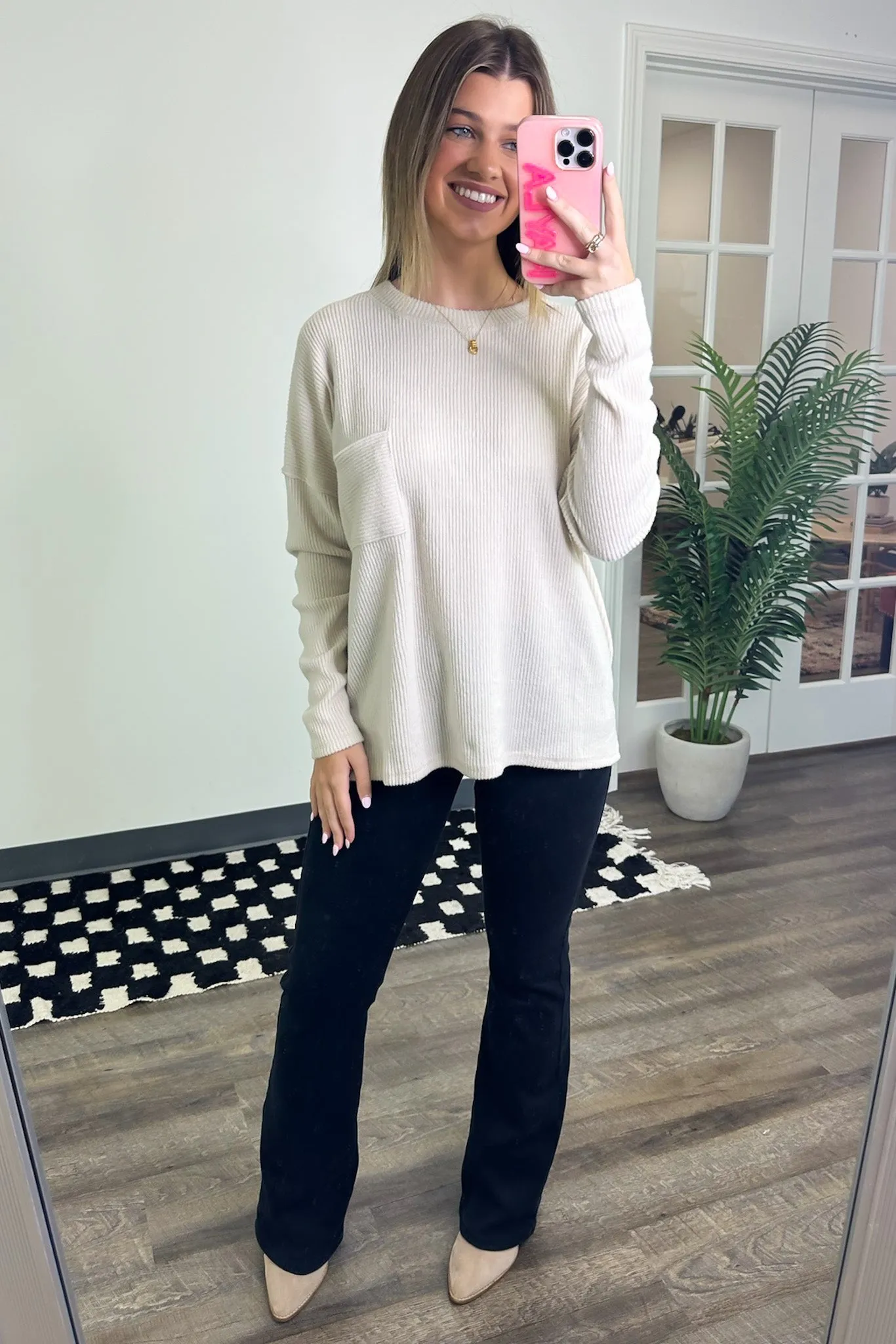 Evangelia Ribbed Brushed Knit Pocket Top - BACK IN STOCK