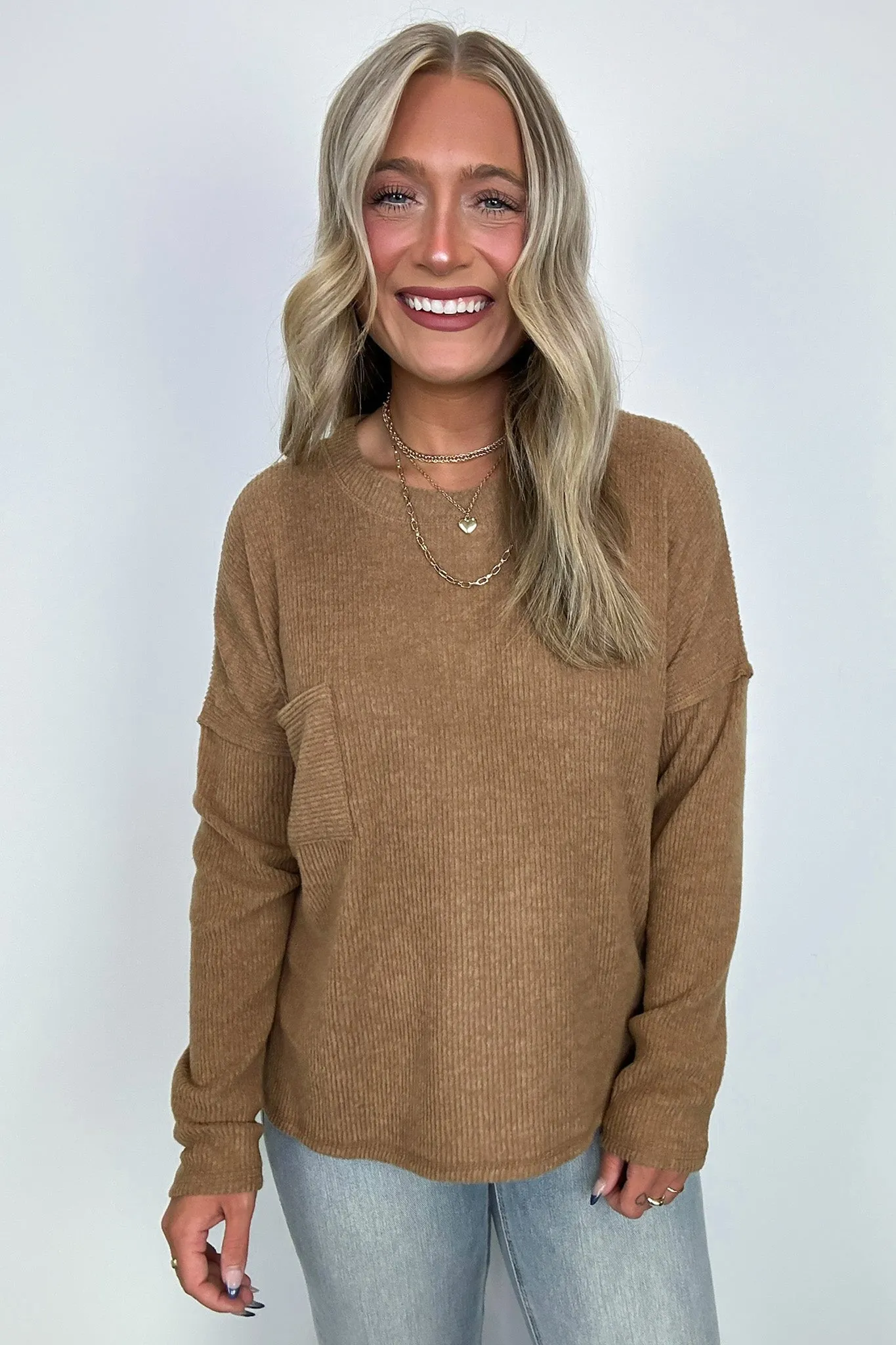 Evangelia Ribbed Brushed Knit Pocket Top - BACK IN STOCK