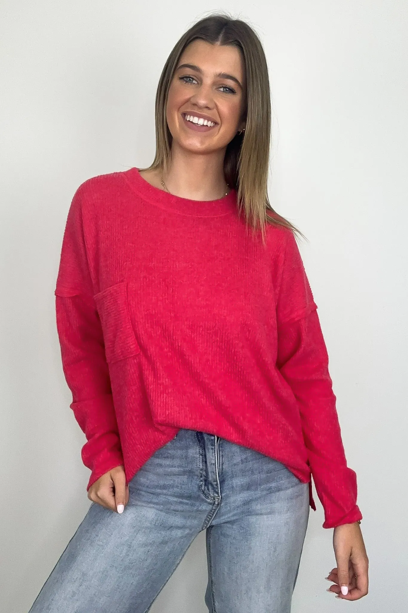 Evangelia Ribbed Brushed Knit Pocket Top - BACK IN STOCK