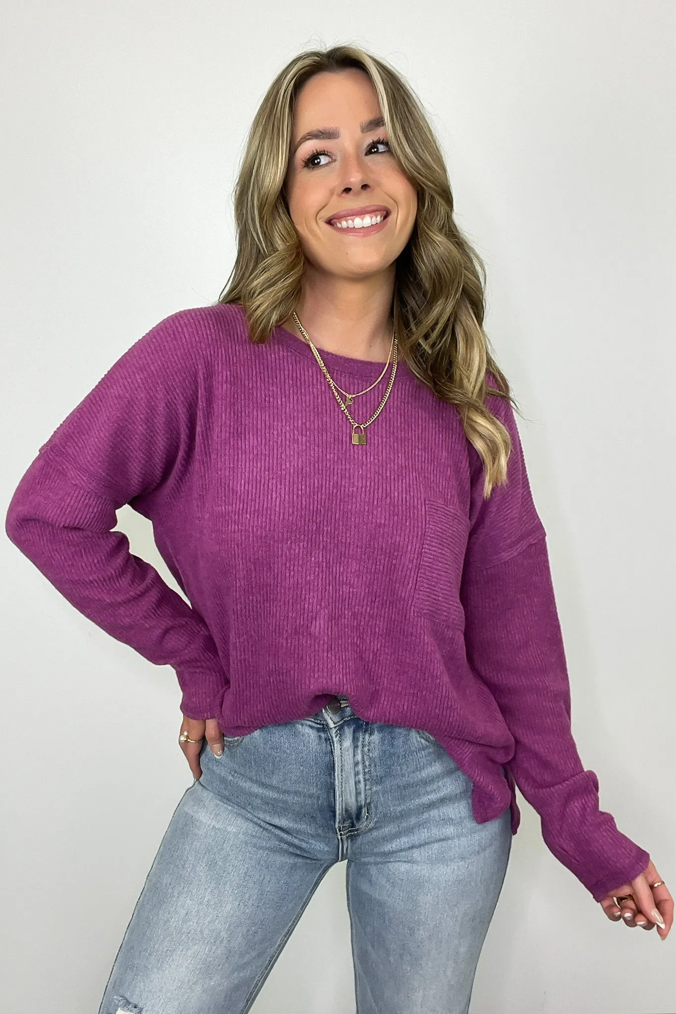 Evangelia Ribbed Brushed Knit Pocket Top - BACK IN STOCK