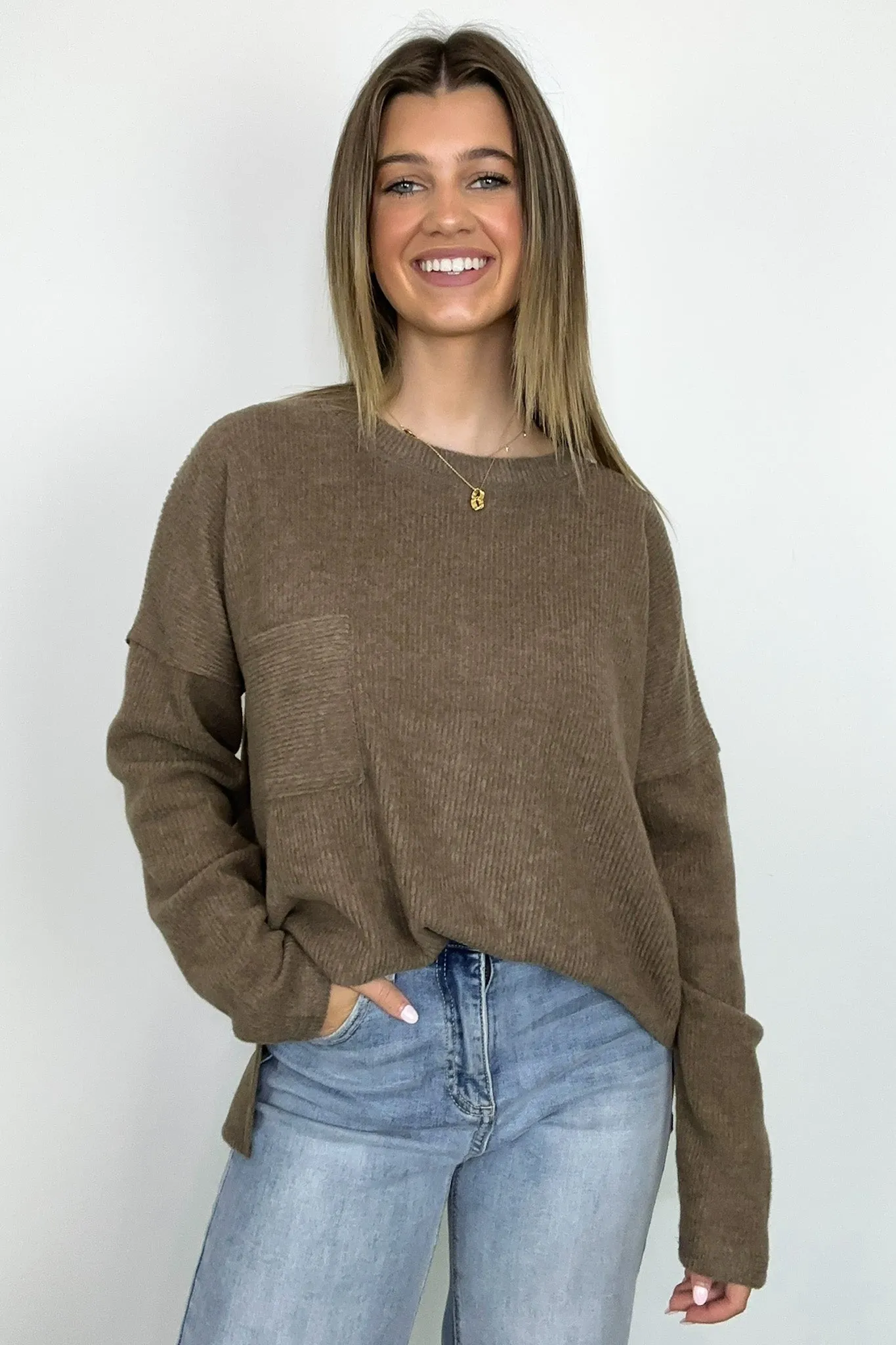 Evangelia Ribbed Brushed Knit Pocket Top - BACK IN STOCK