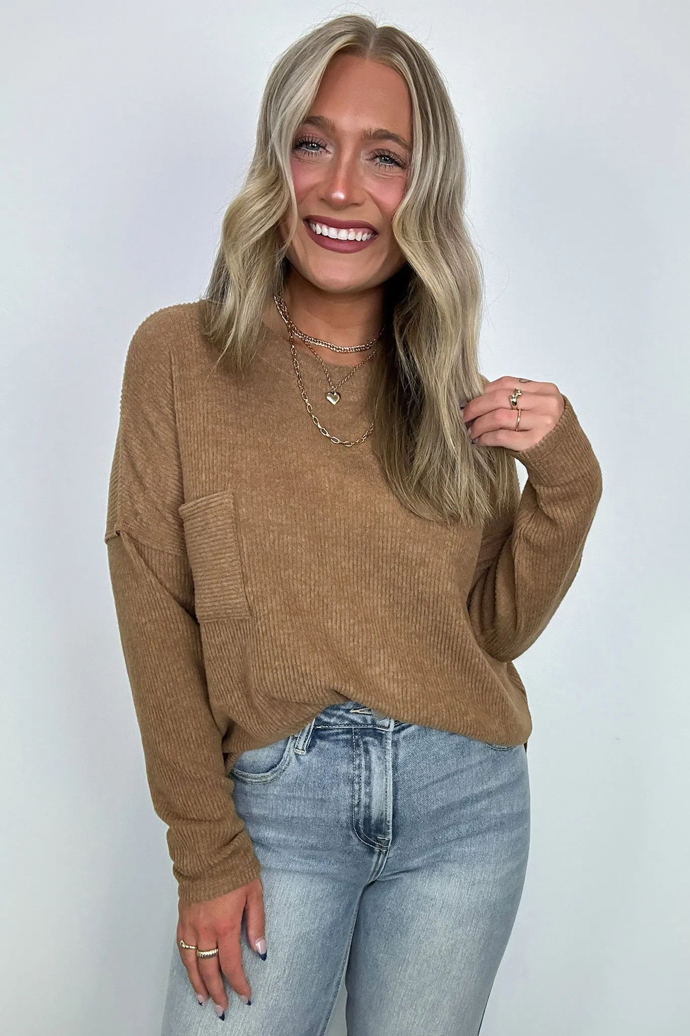 Evangelia Ribbed Brushed Knit Pocket Top - BACK IN STOCK