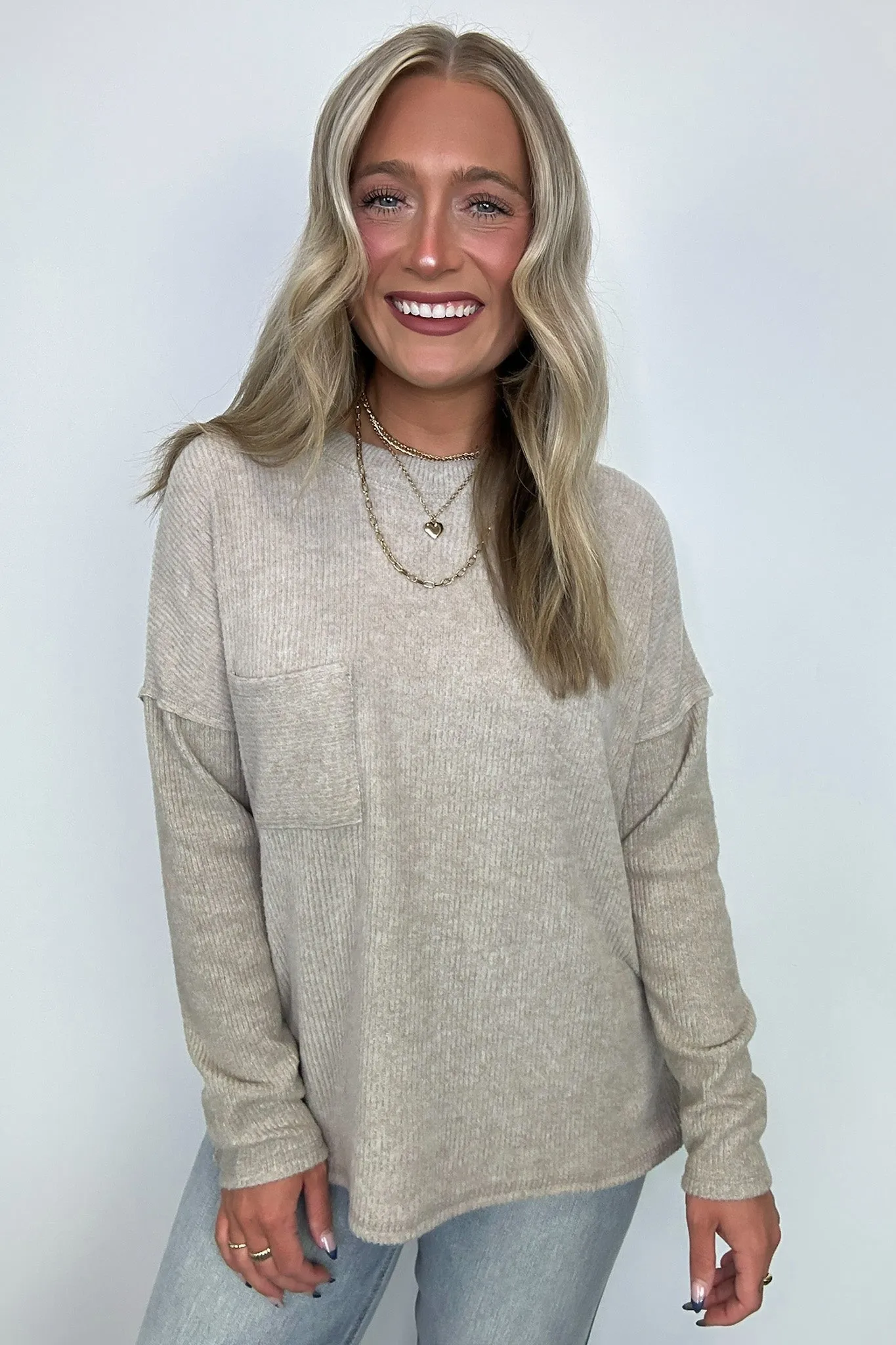 Evangelia Ribbed Brushed Knit Pocket Top - BACK IN STOCK