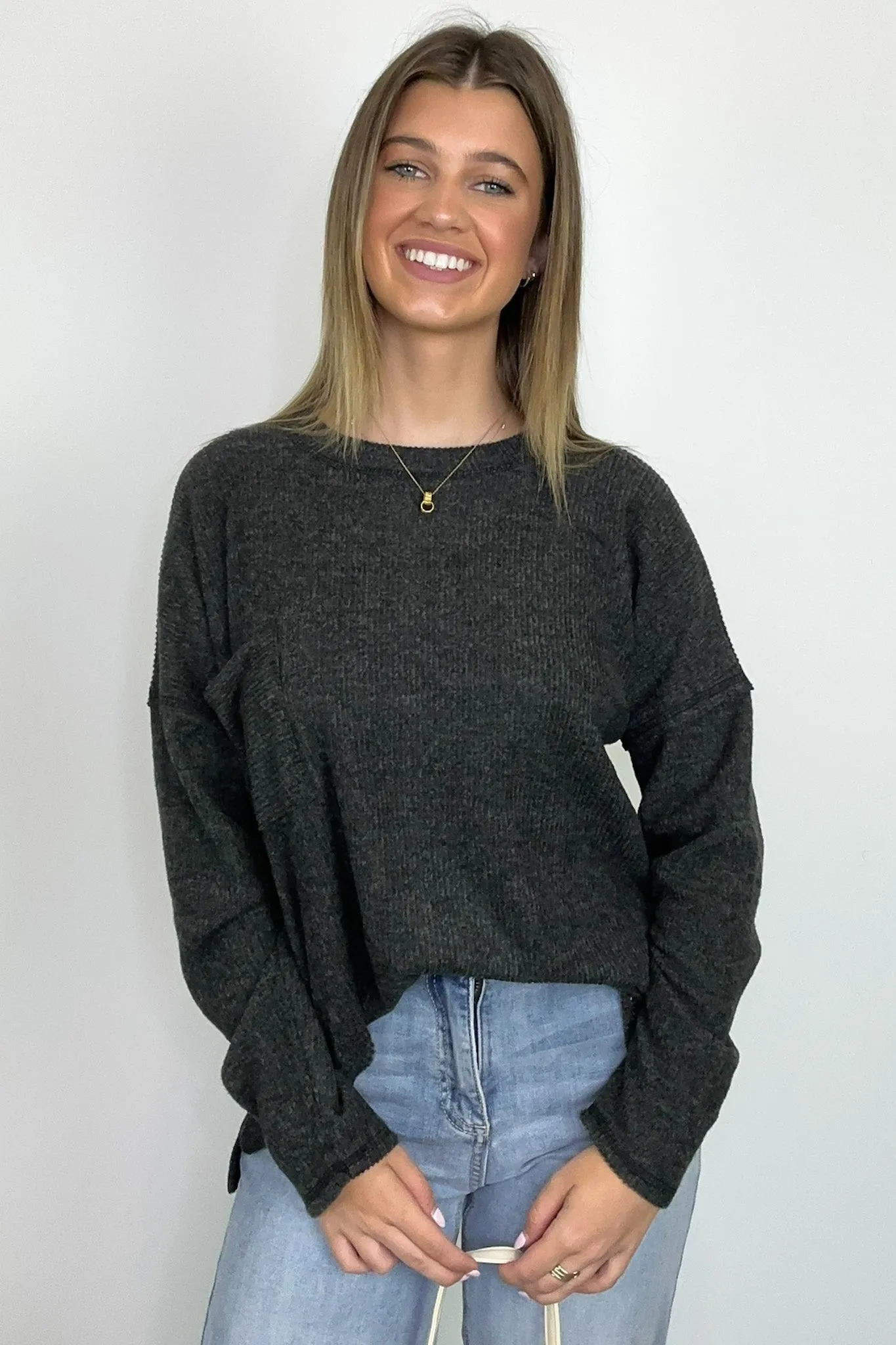 Evangelia Ribbed Brushed Knit Pocket Top - BACK IN STOCK