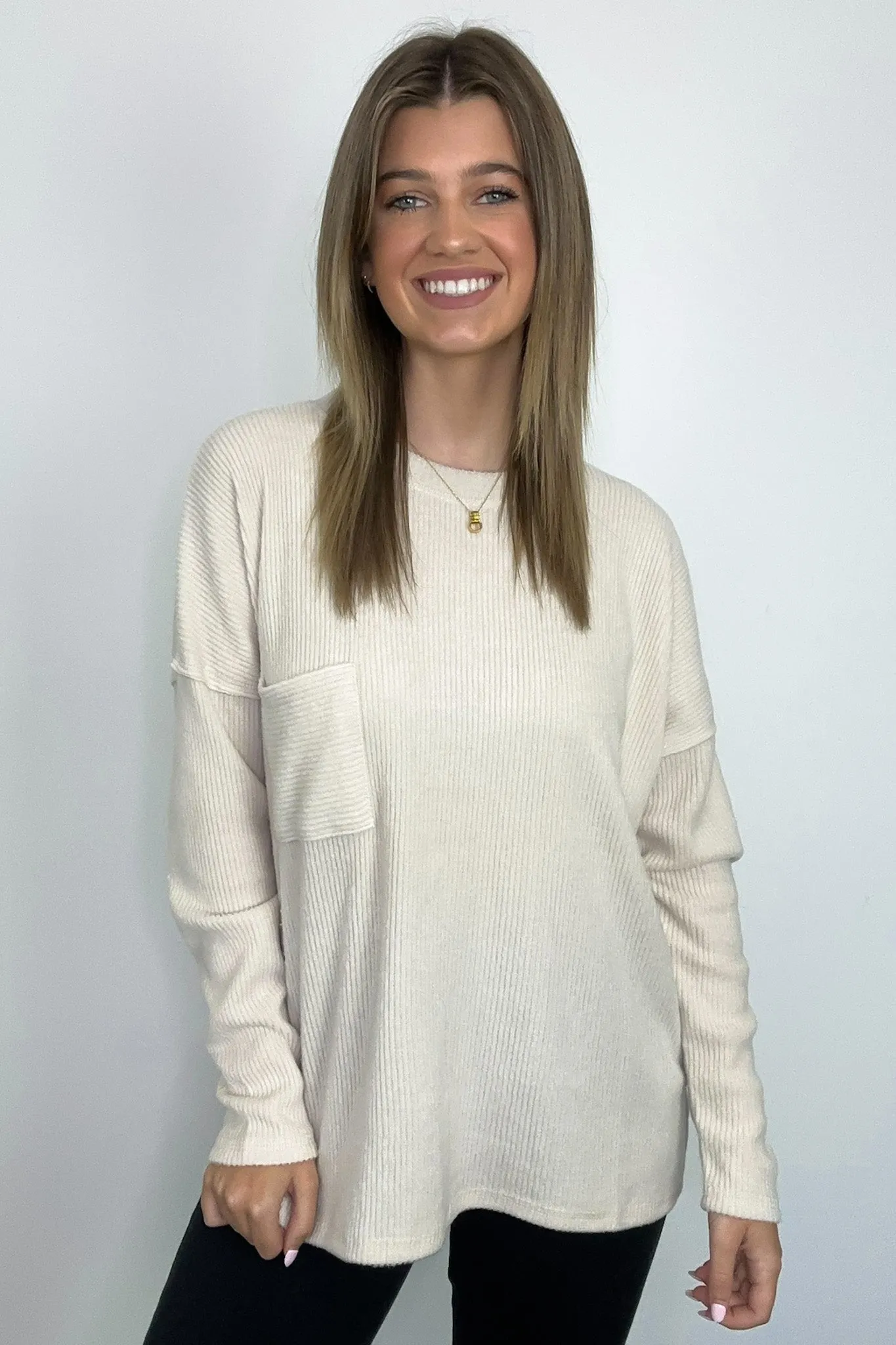Evangelia Ribbed Brushed Knit Pocket Top - BACK IN STOCK