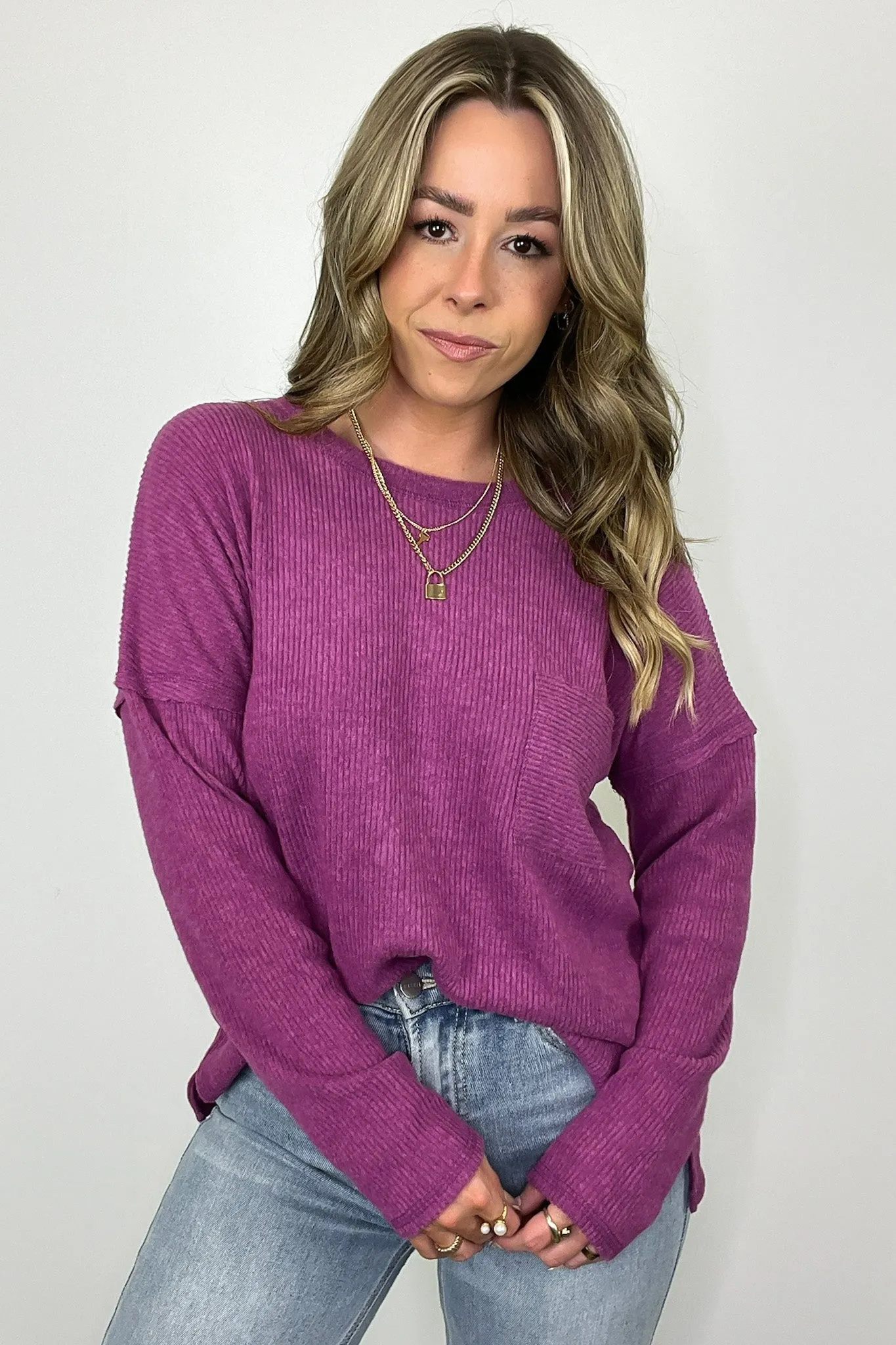 Evangelia Ribbed Brushed Knit Pocket Top - BACK IN STOCK