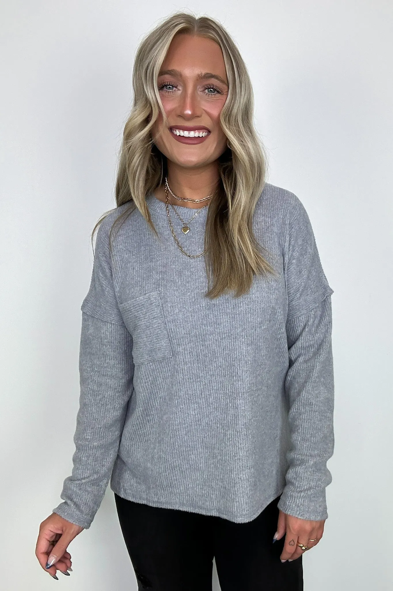 Evangelia Ribbed Brushed Knit Pocket Top - BACK IN STOCK
