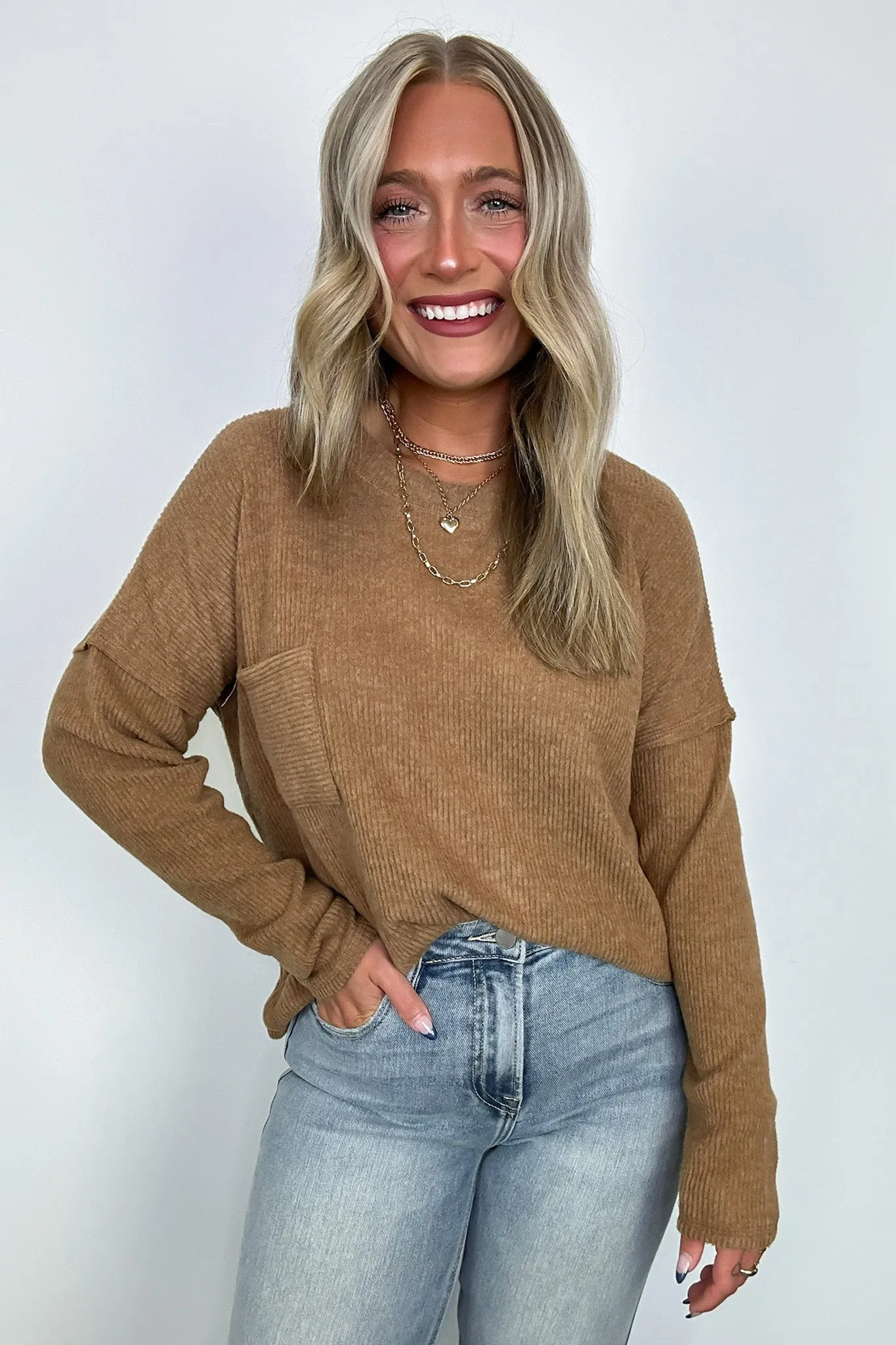 Evangelia Ribbed Brushed Knit Pocket Top - BACK IN STOCK