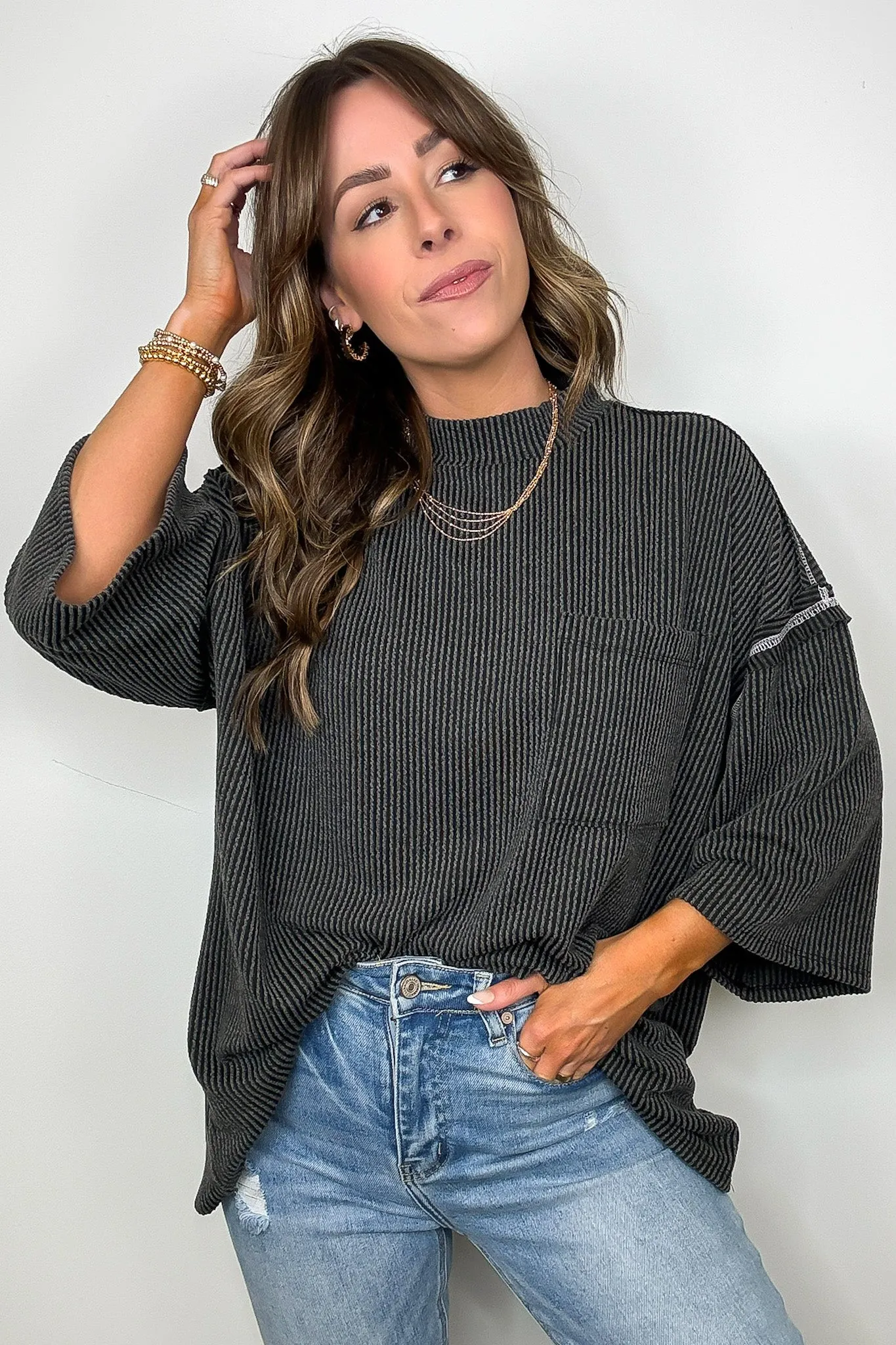 Farrah Reverse Stitch Rib Knit Pocket Tee