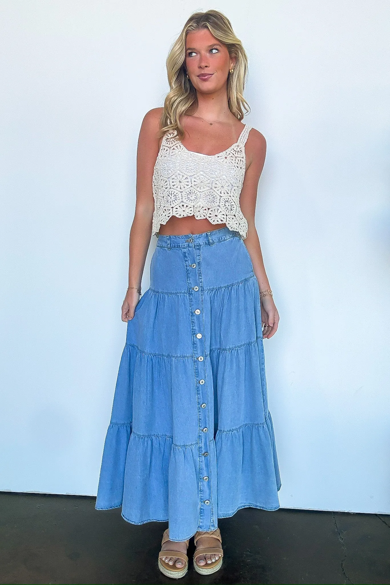 Festival Flair Tiered Button Front Denim Maxi Skirt