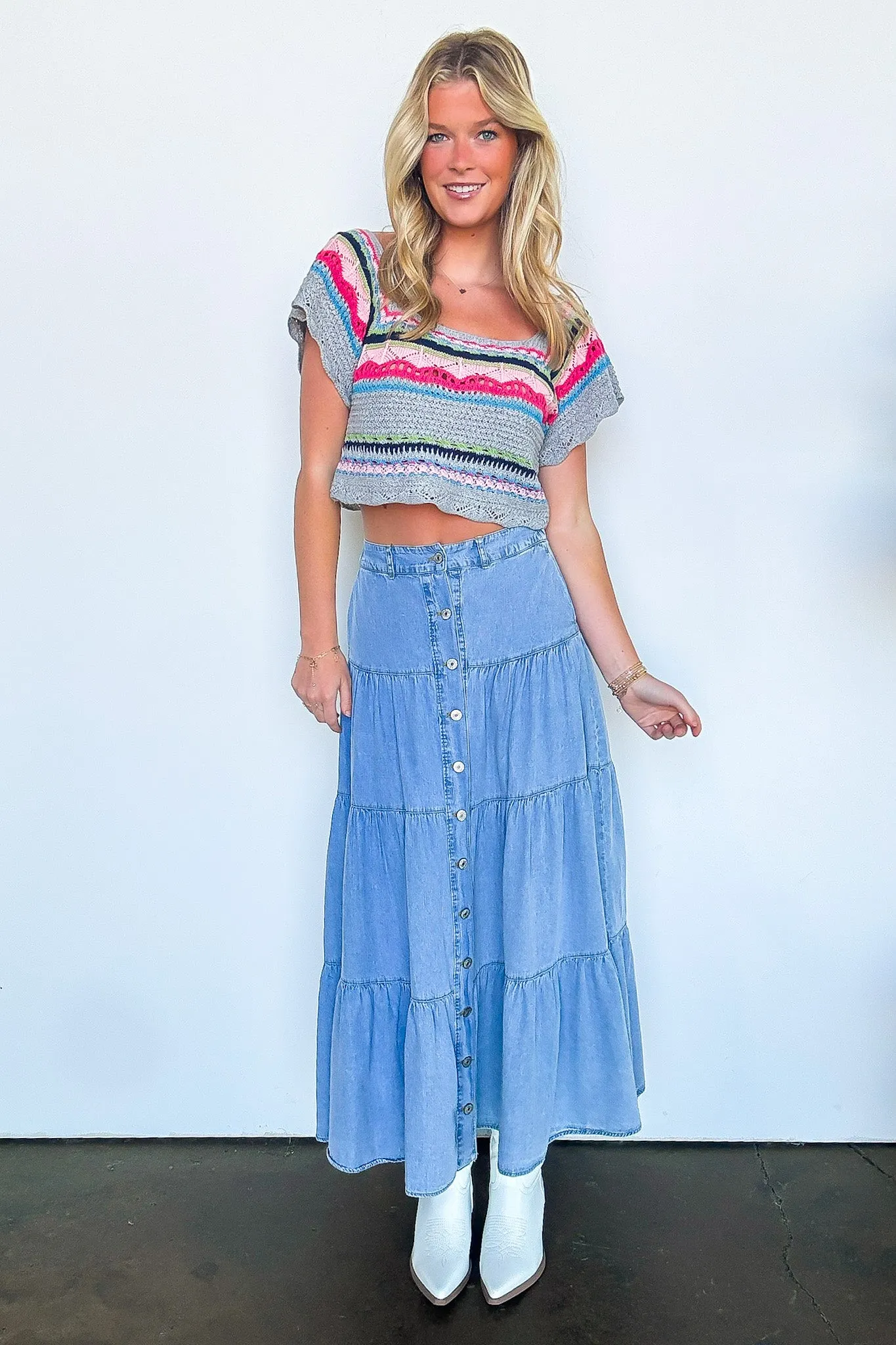 Festival Flair Tiered Button Front Denim Maxi Skirt