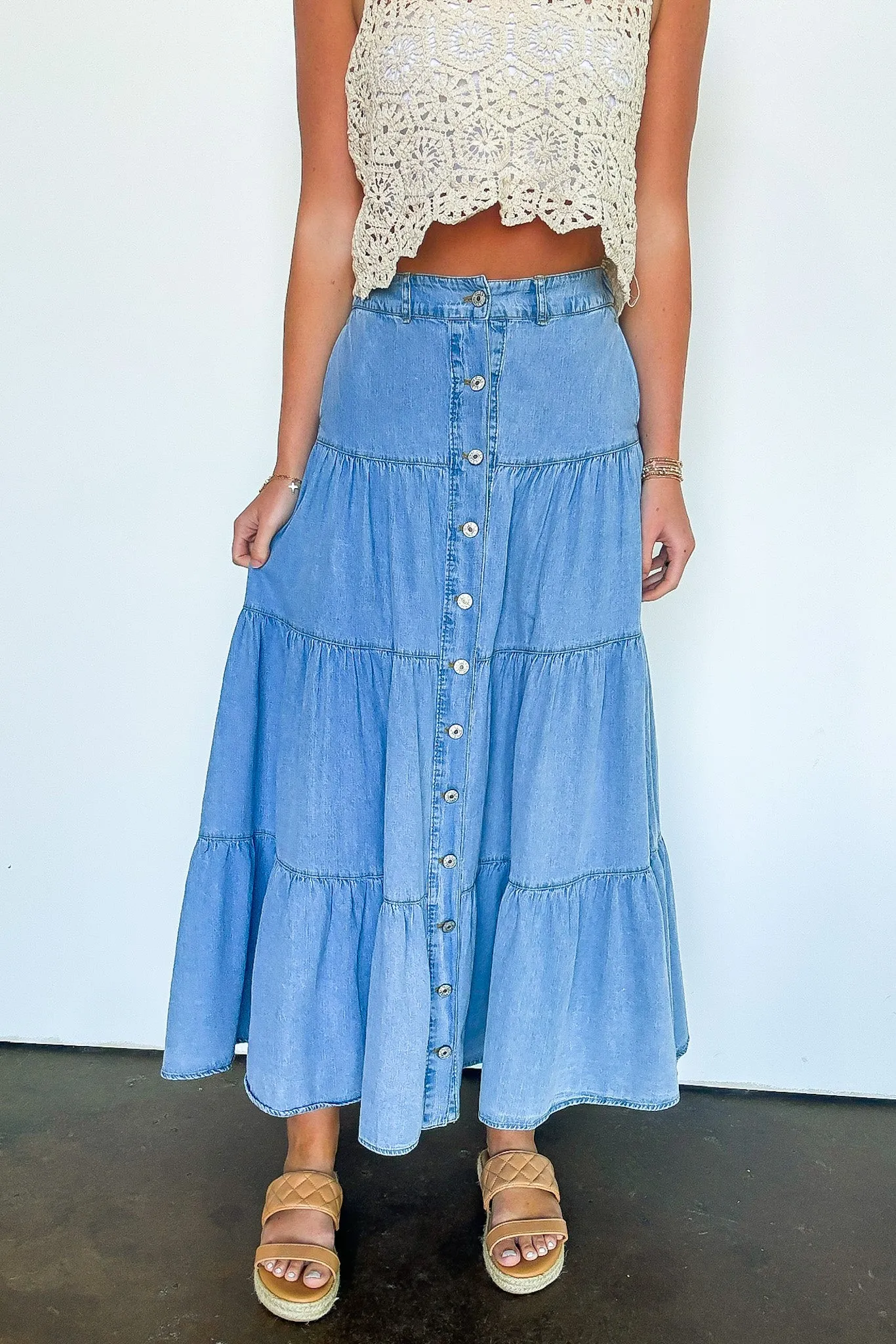 Festival Flair Tiered Button Front Denim Maxi Skirt