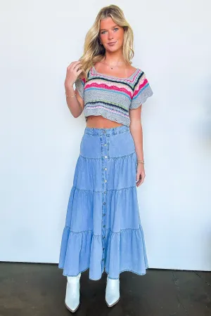 Festival Flair Tiered Button Front Denim Maxi Skirt