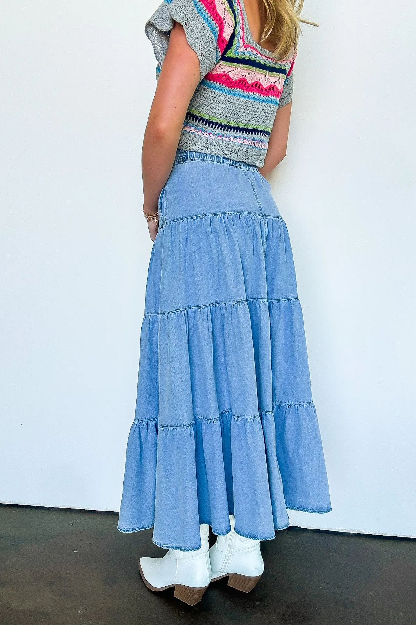 Festival Flair Tiered Button Front Denim Maxi Skirt
