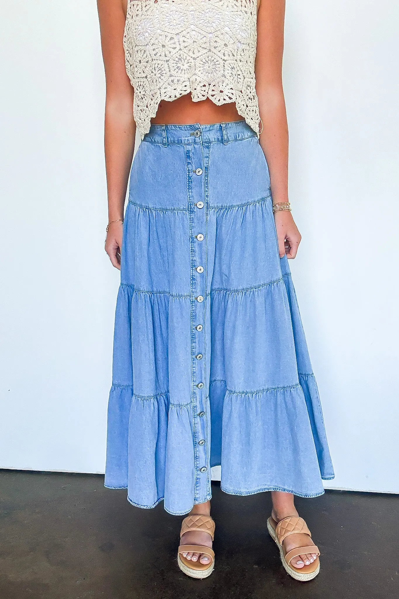 Festival Flair Tiered Button Front Denim Maxi Skirt