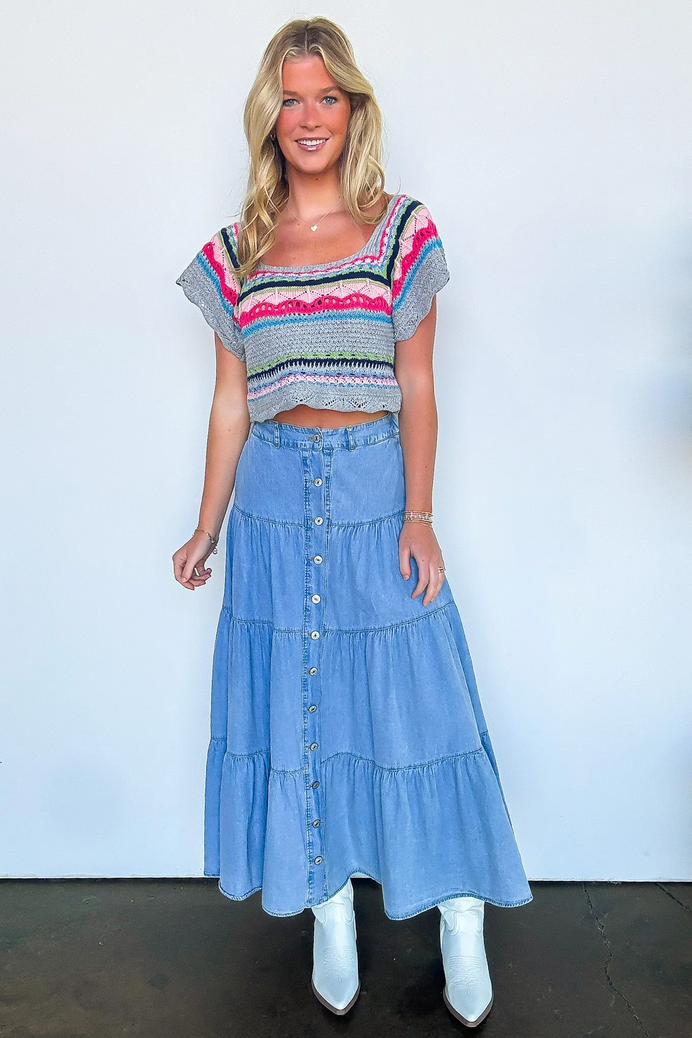 Festival Flair Tiered Button Front Denim Maxi Skirt
