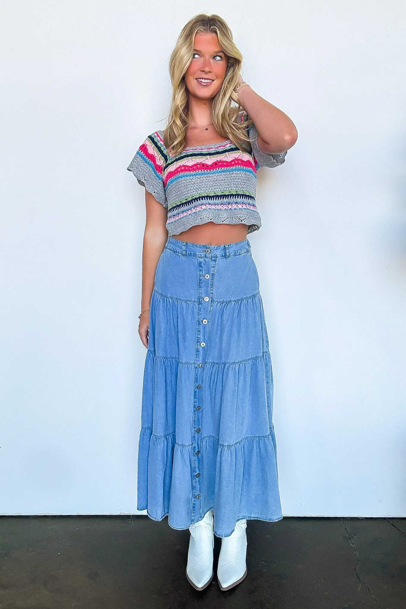 Festival Flair Tiered Button Front Denim Maxi Skirt