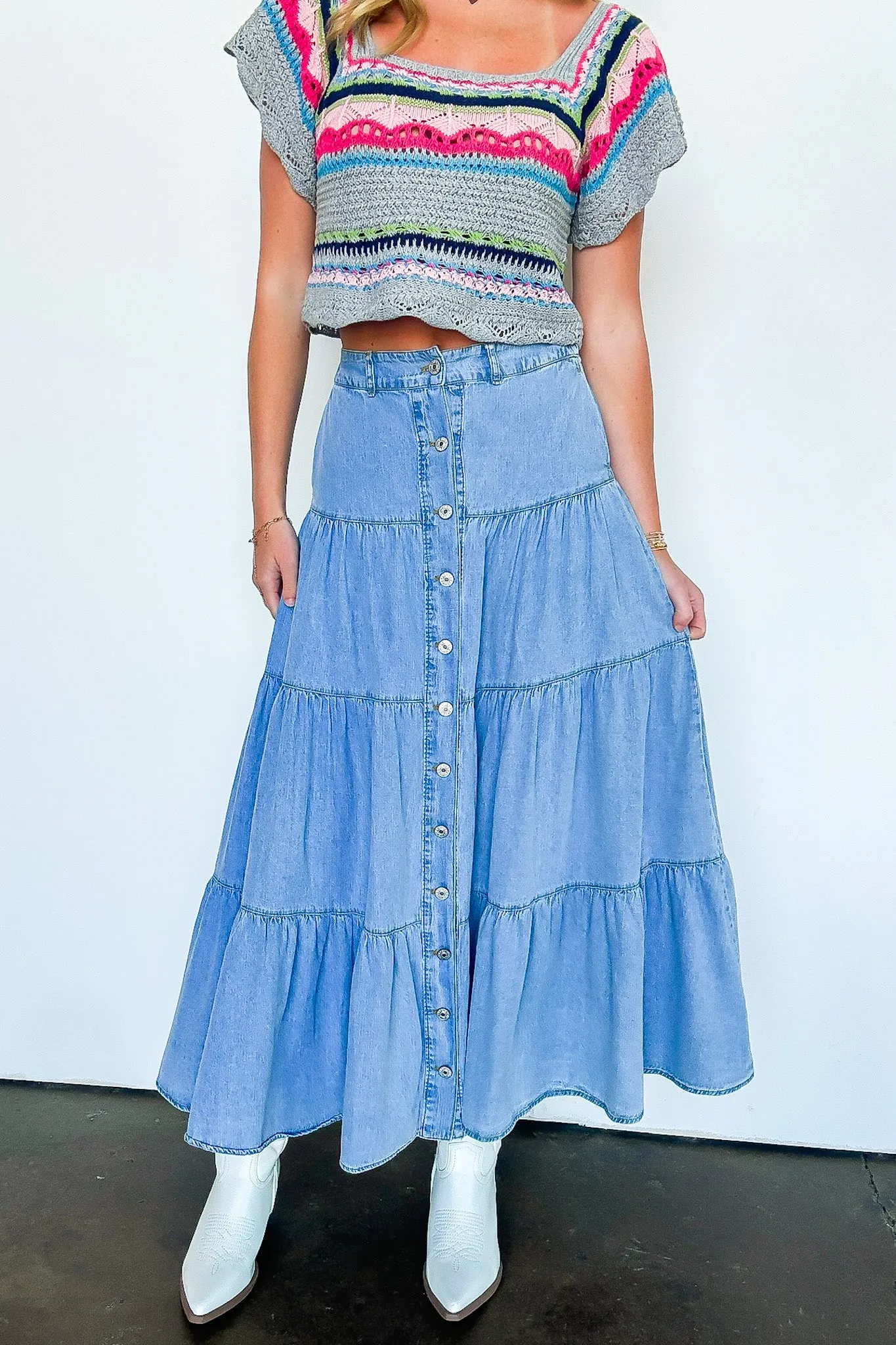 Festival Flair Tiered Button Front Denim Maxi Skirt